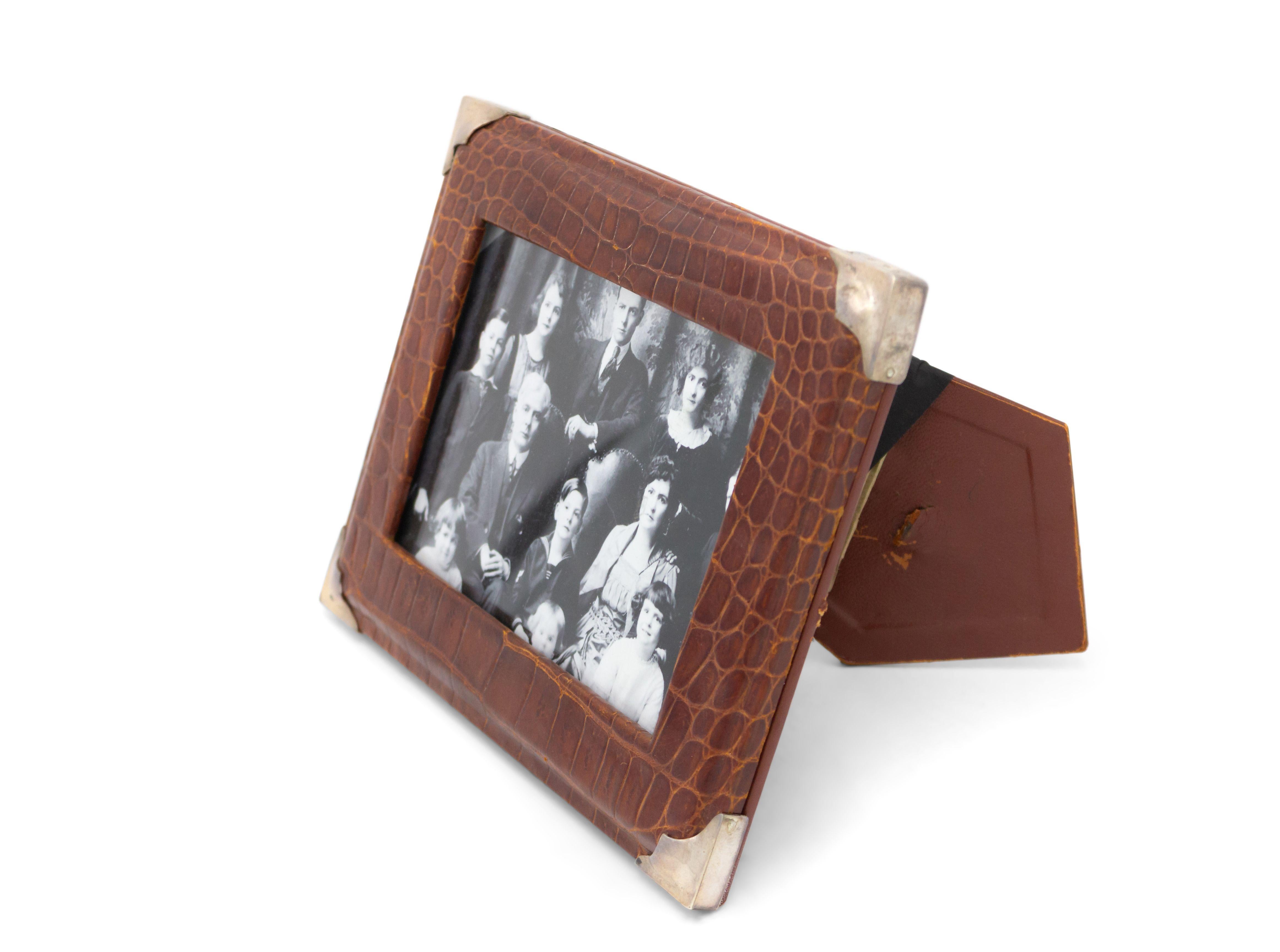 Victorian English Brown Crocodile Picture Frame wit Sterling Silver Corners For Sale
