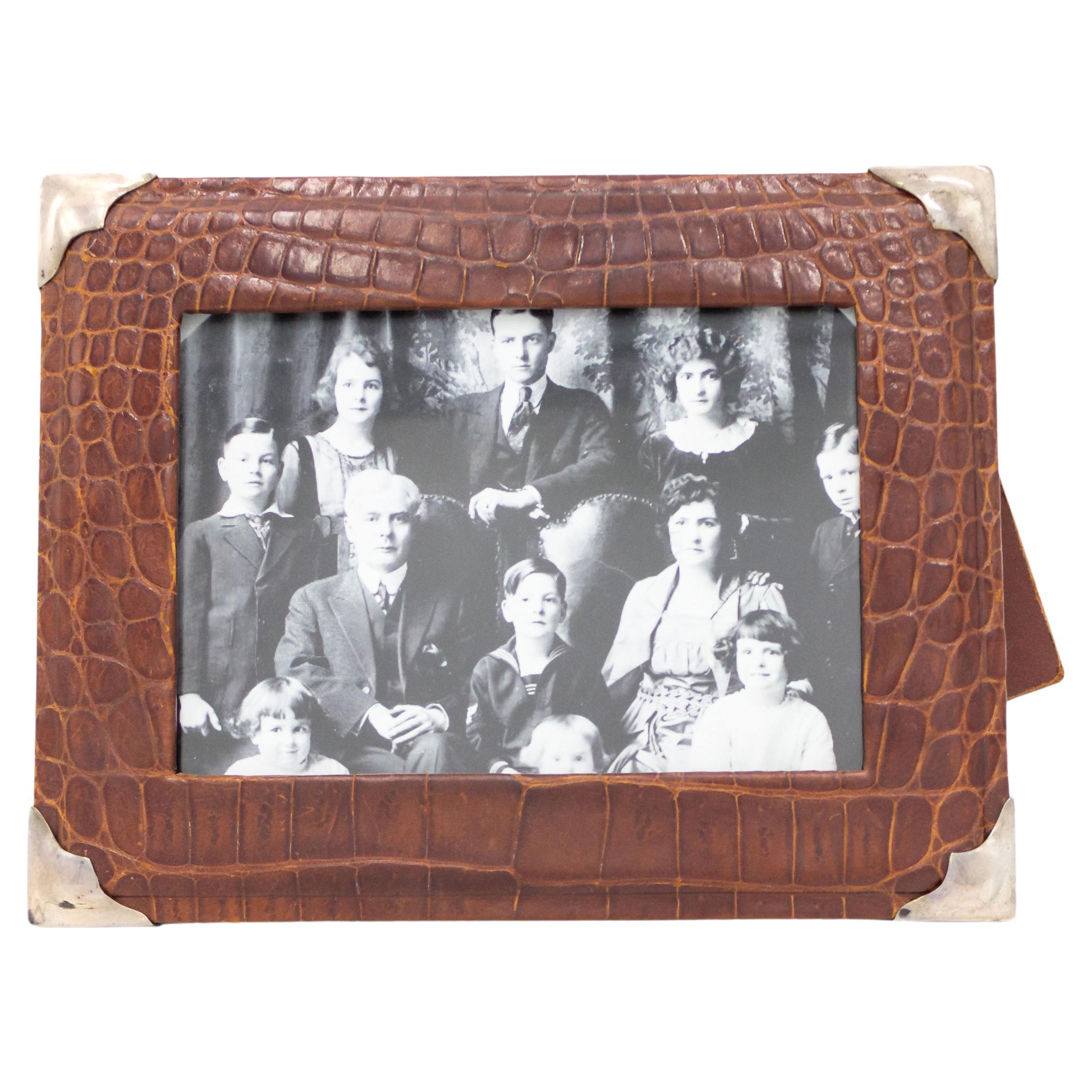 English Brown Crocodile Picture Frame wit Sterling Silver Corners