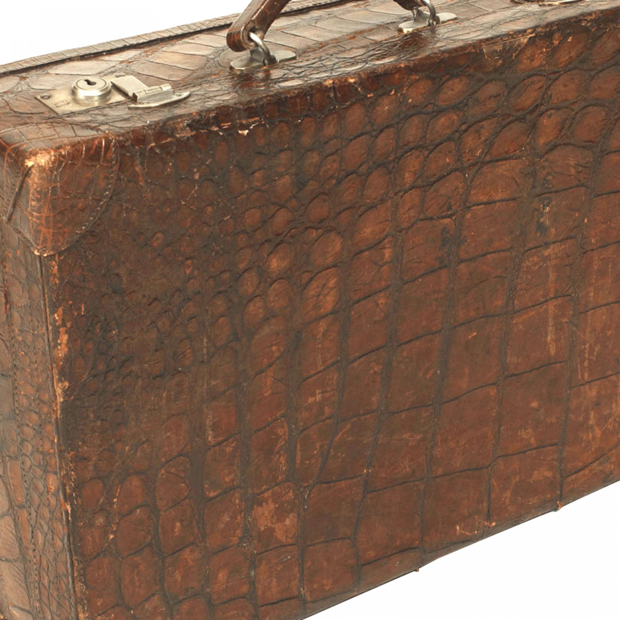Hand-Crafted English Brown Crocodile Valise For Sale