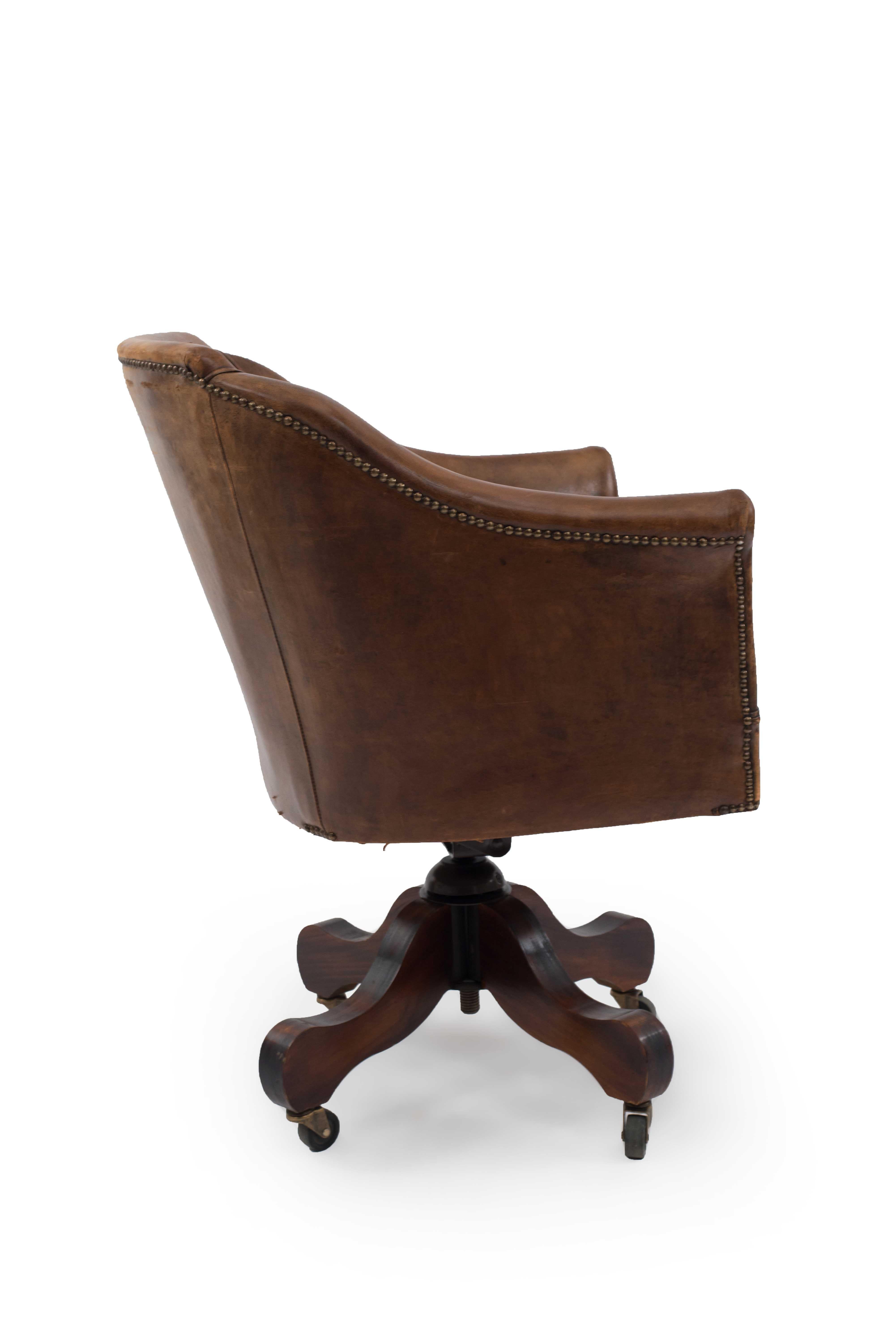 Victorian English Brown Leather Swivel Chair For Sale