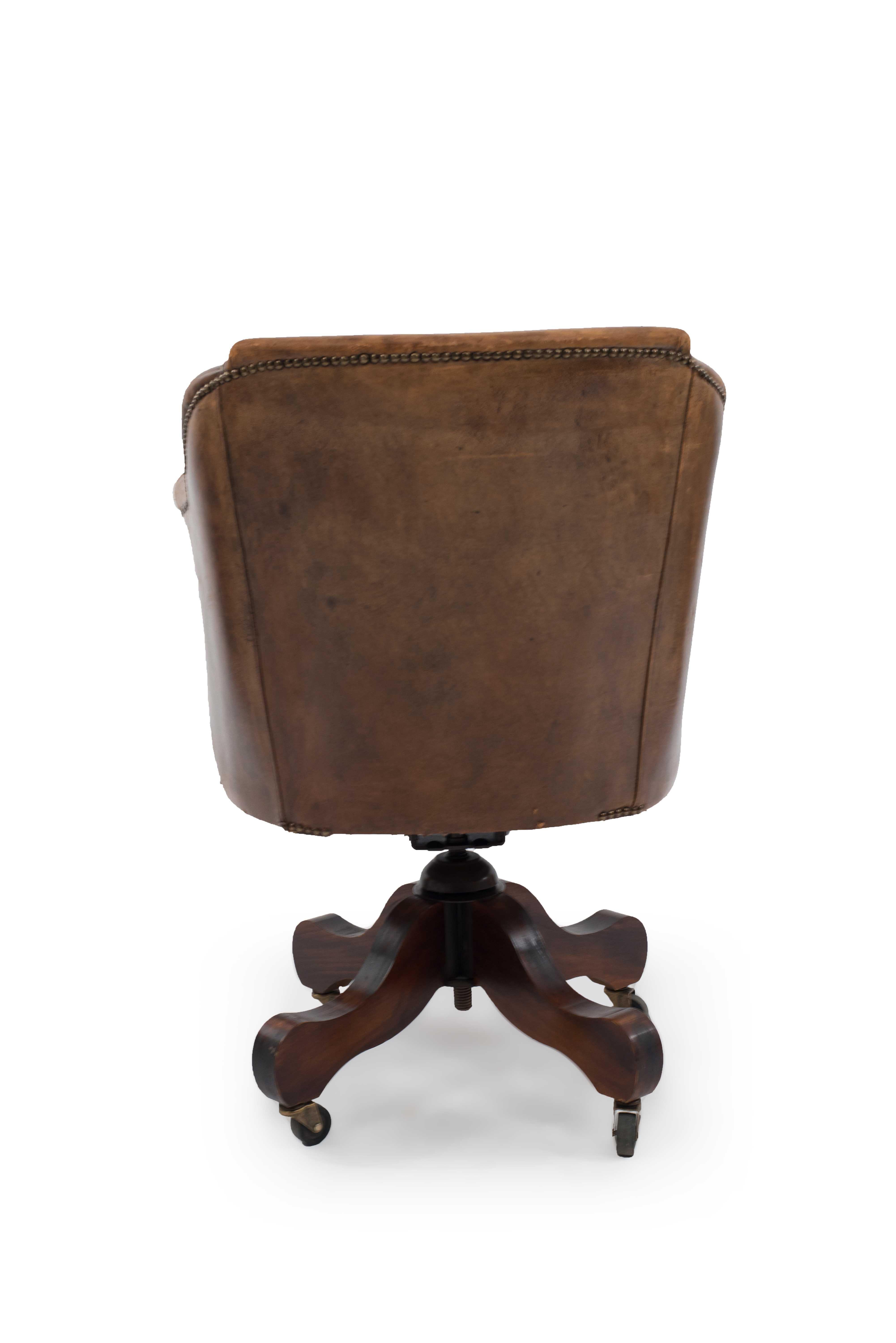 British English Brown Leather Swivel Chair For Sale