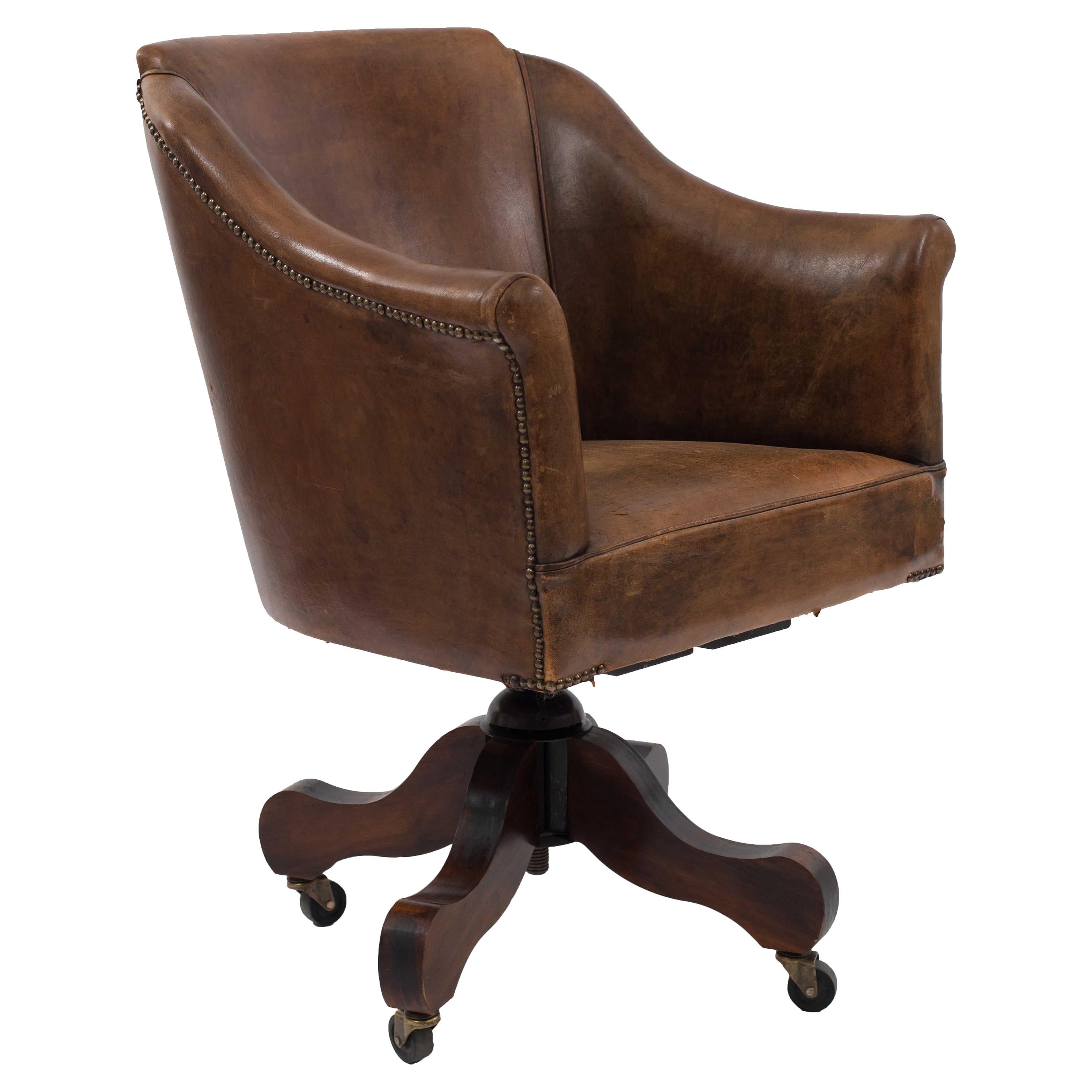 English Brown Leather Swivel Chair