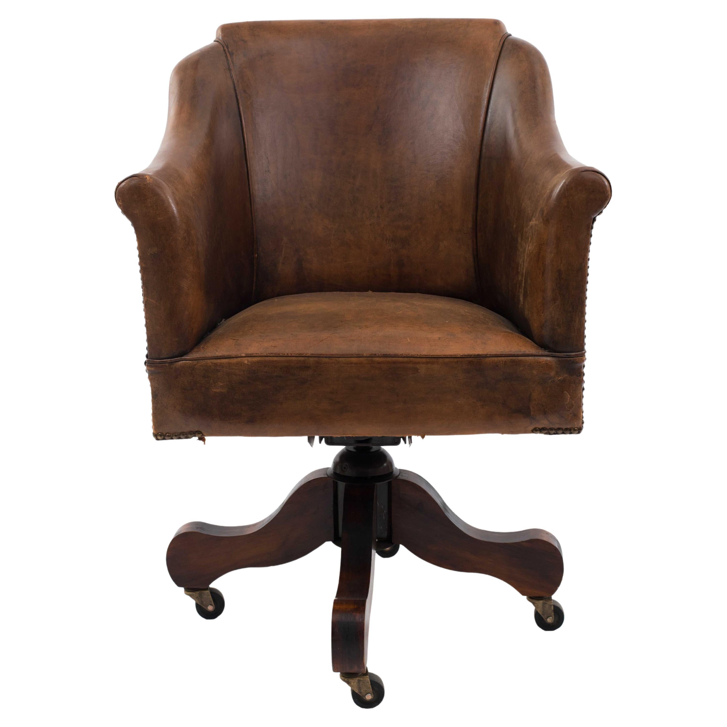English Brown Leather Swivel Chair