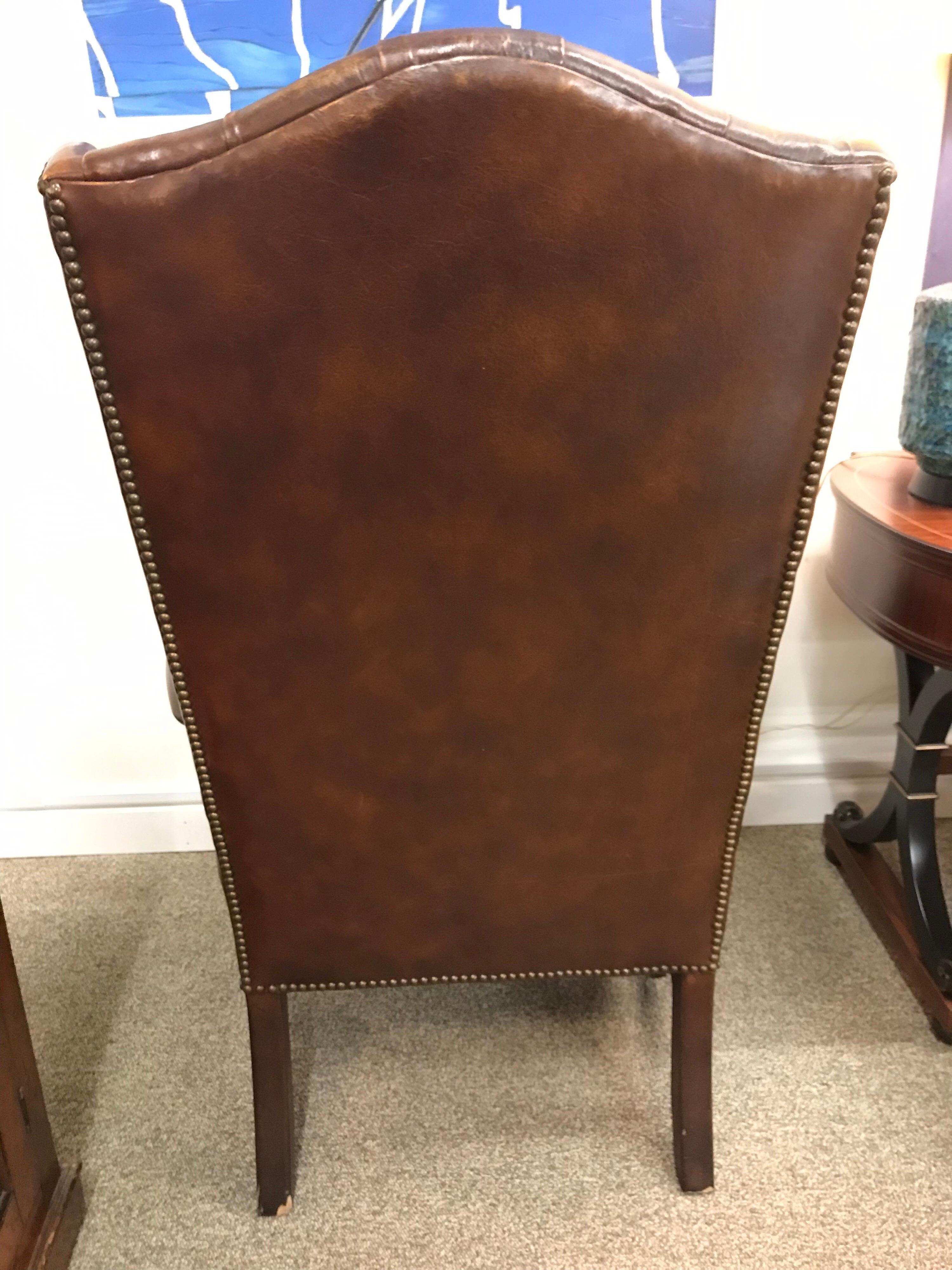 English Brown Leather Tufted Chesterfield Wingback Chair 3