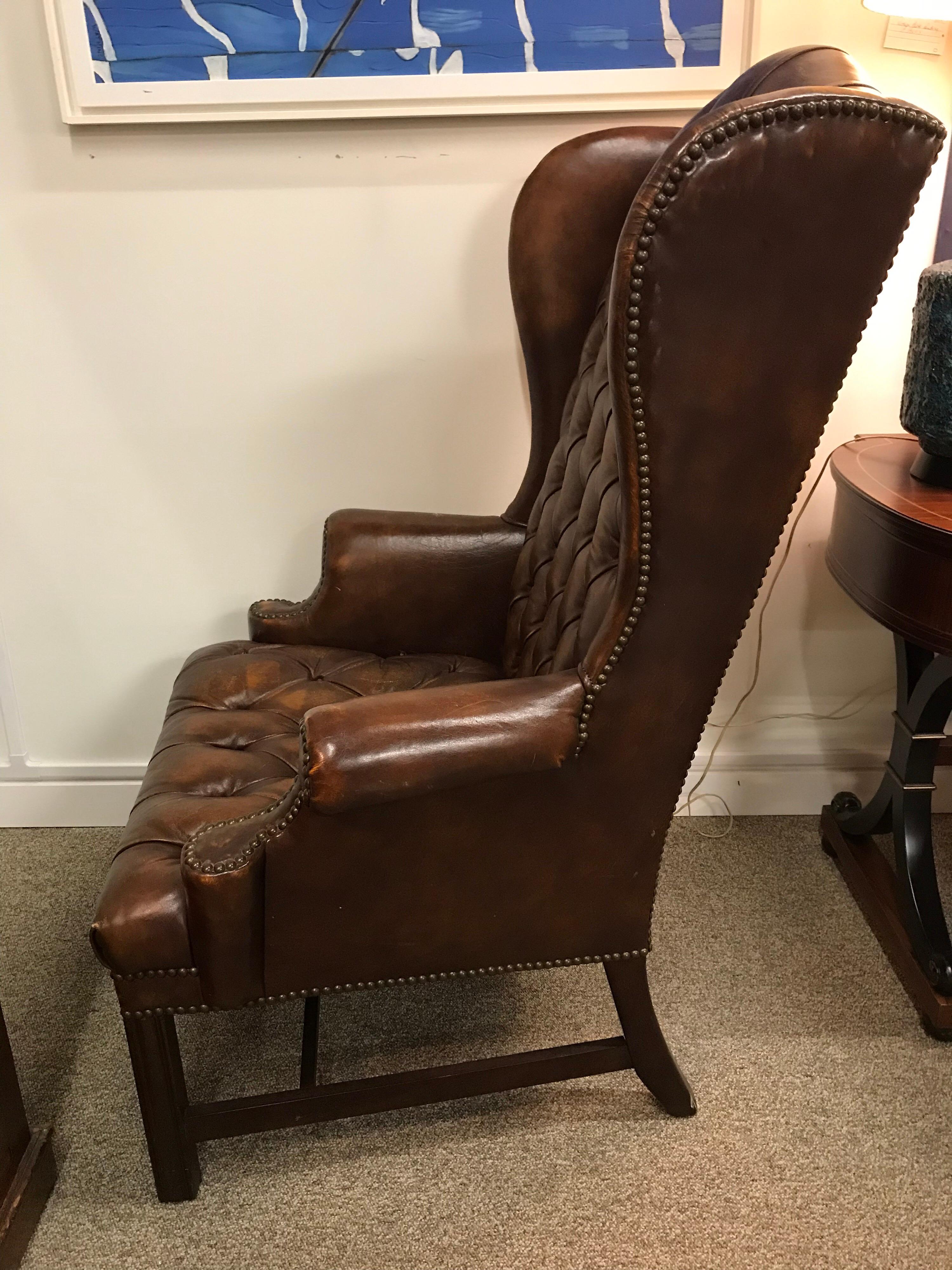 English Brown Leather Tufted Chesterfield Wingback Chair 4