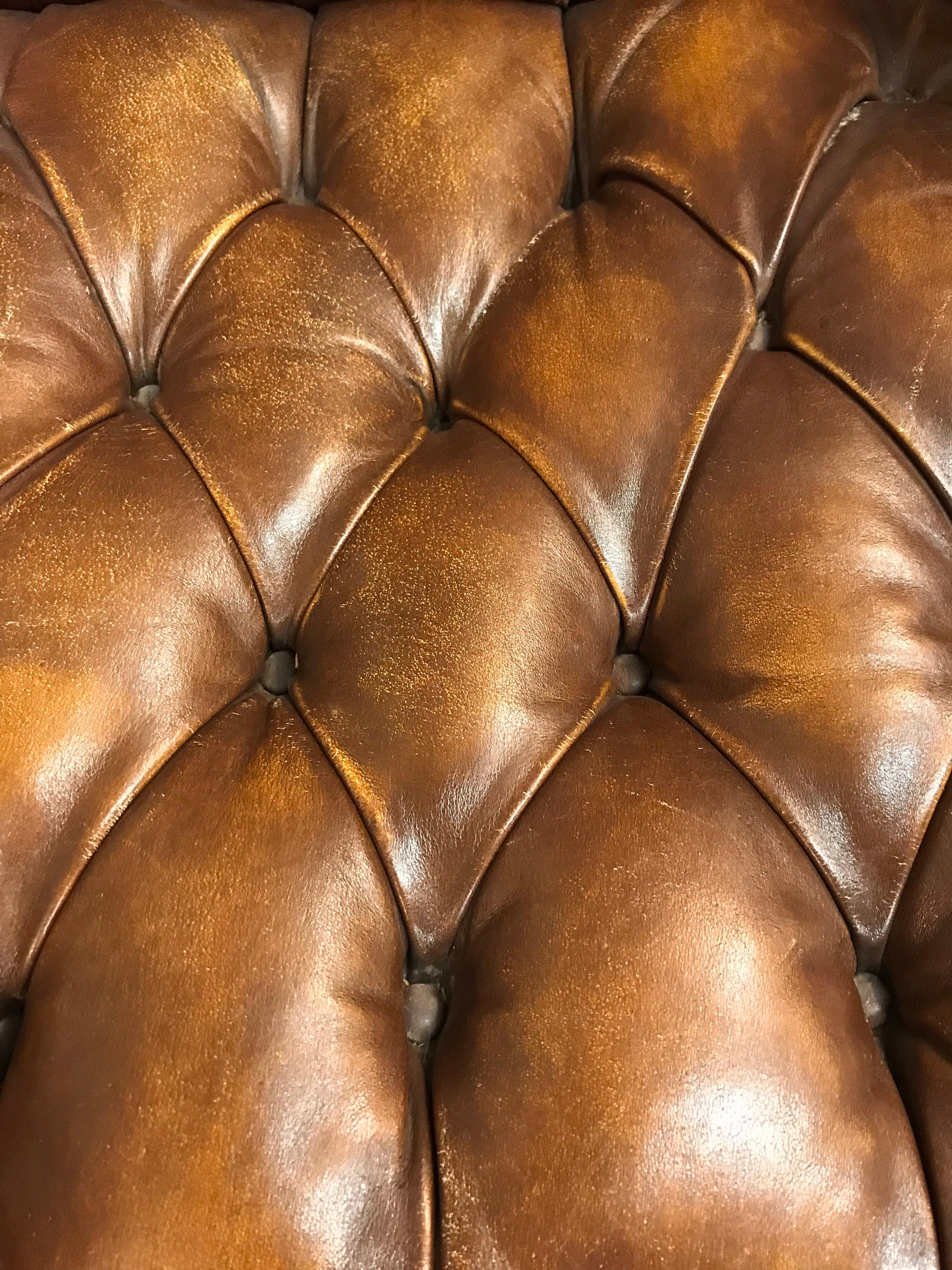 English Brown Leather Tufted Chesterfield Wingback Chair In Good Condition In West Hartford, CT