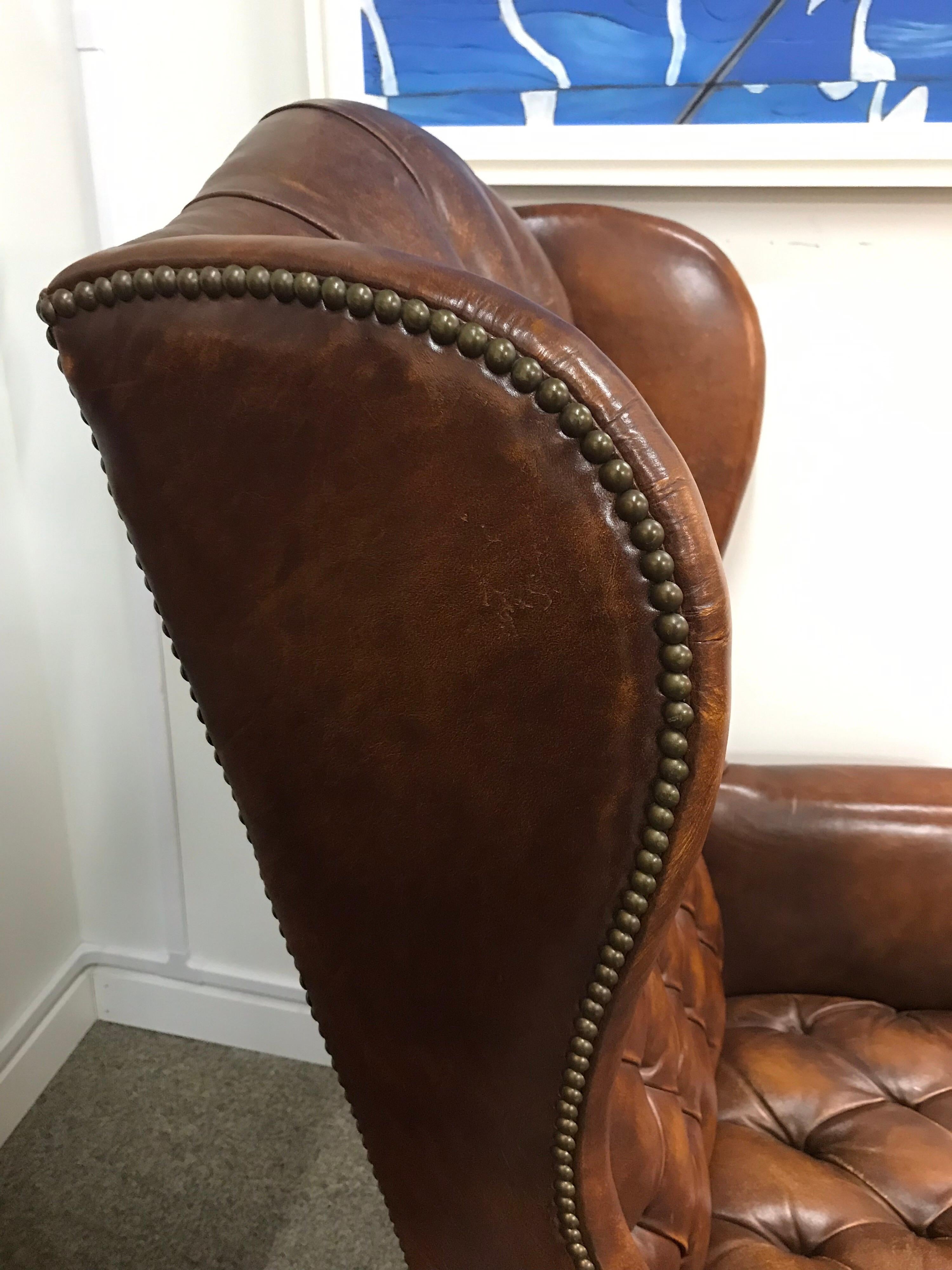 English Brown Leather Tufted Chesterfield Wingback Chair 1