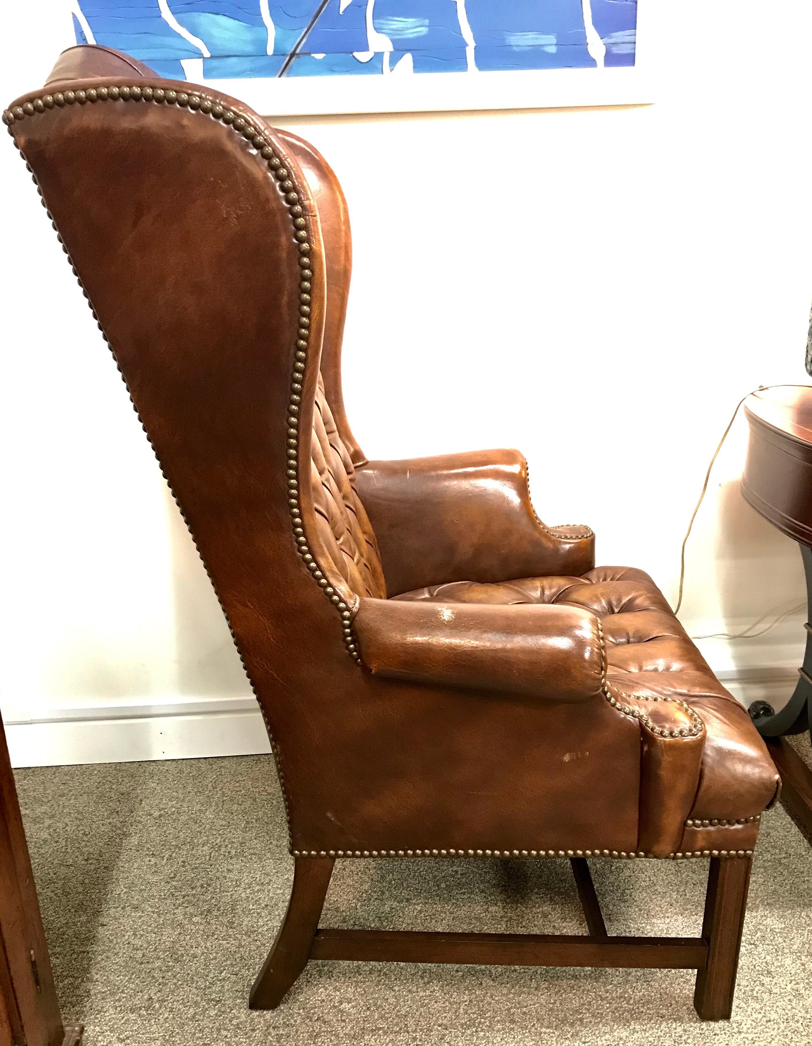English Brown Leather Tufted Chesterfield Wingback Chair 2