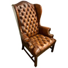 English Brown Leather Tufted Chesterfield Wingback Chair
