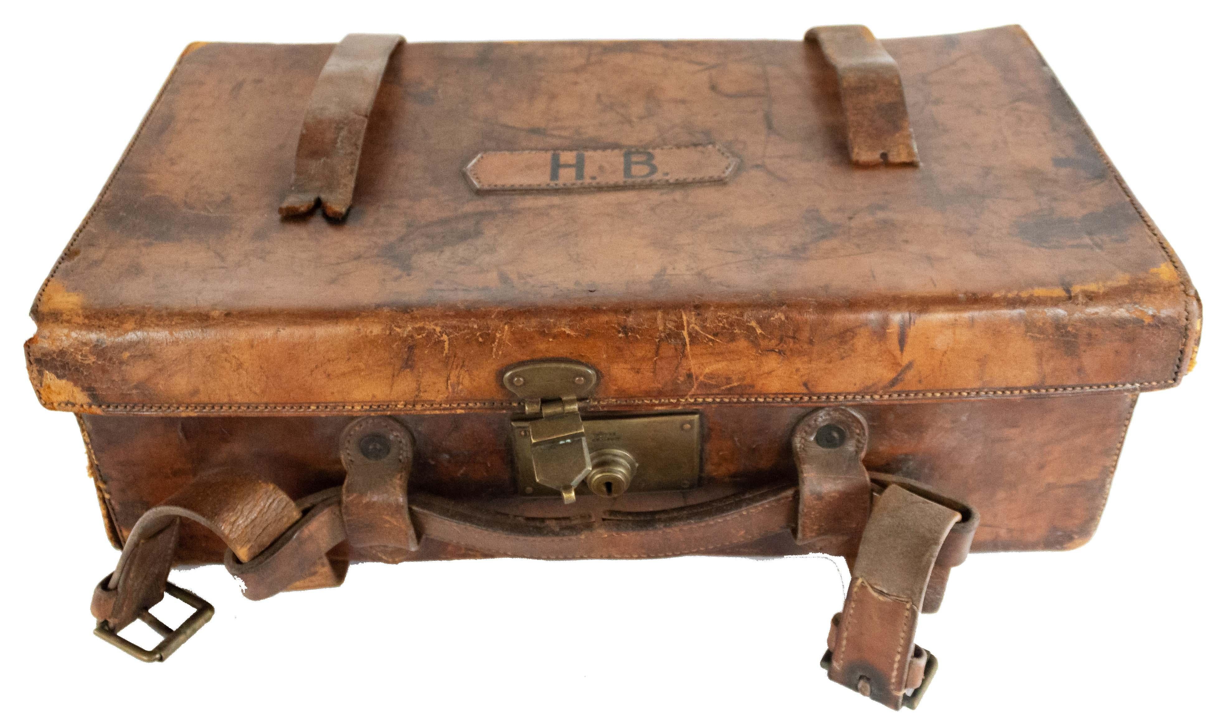 English dark brown leather small valise with 2 strapes and initials HB