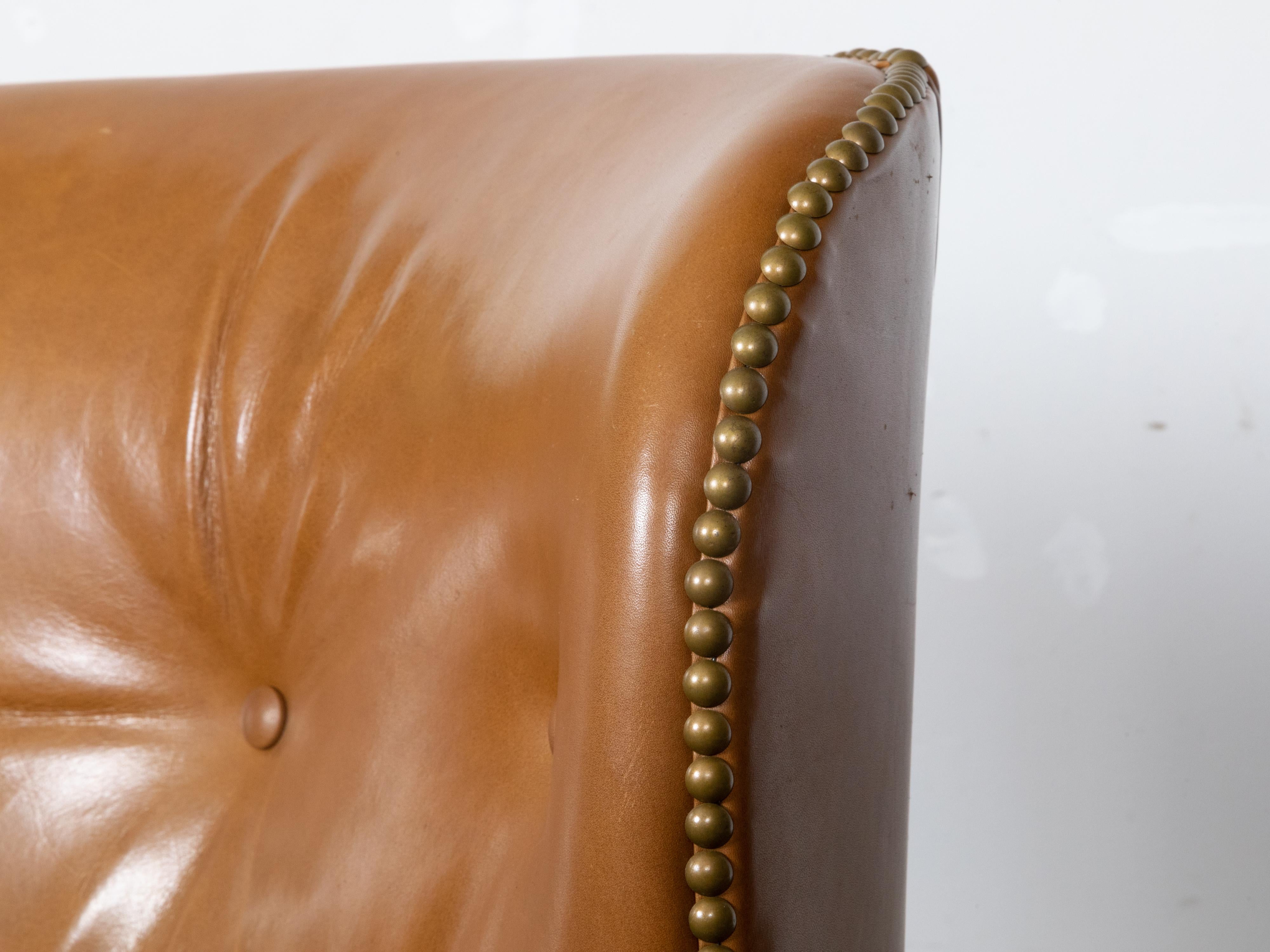English Brown Leather Wingback Chair with Brass Nailhead Trim, circa 1930-1940 For Sale 9