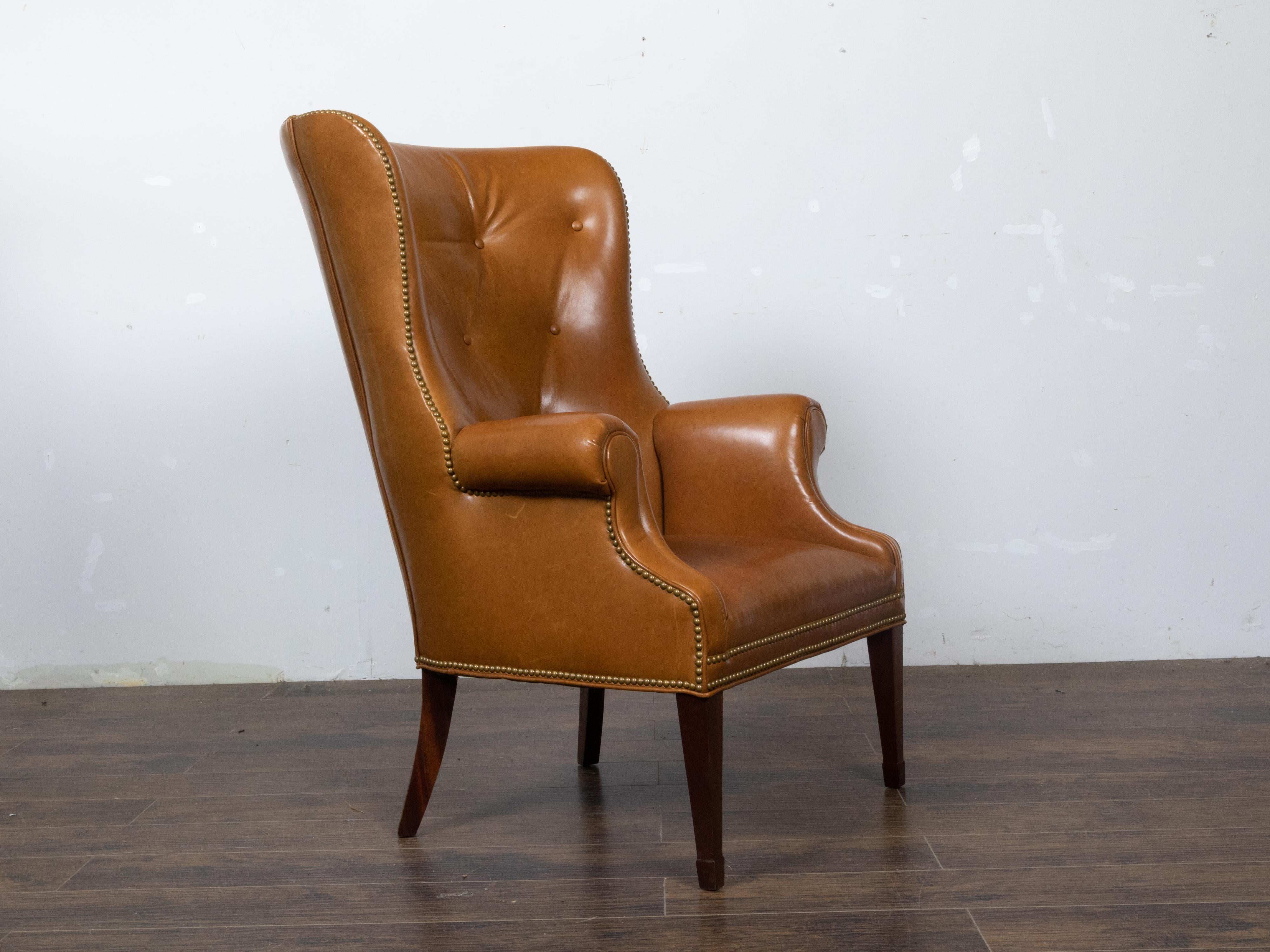 English Brown Leather Wingback Chair with Brass Nailhead Trim, circa 1930-1940 In Good Condition For Sale In Atlanta, GA