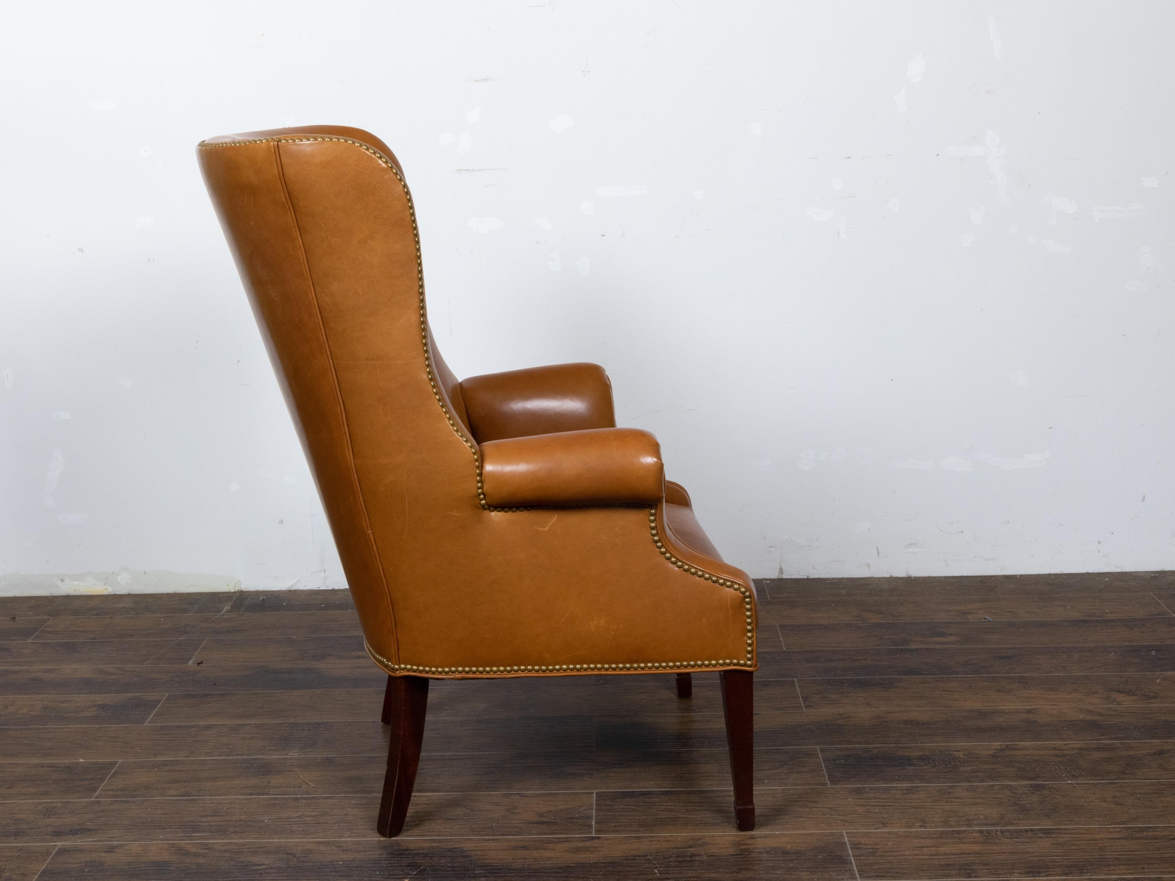 20th Century English Brown Leather Wingback Chair with Brass Nailhead Trim, circa 1930-1940 For Sale