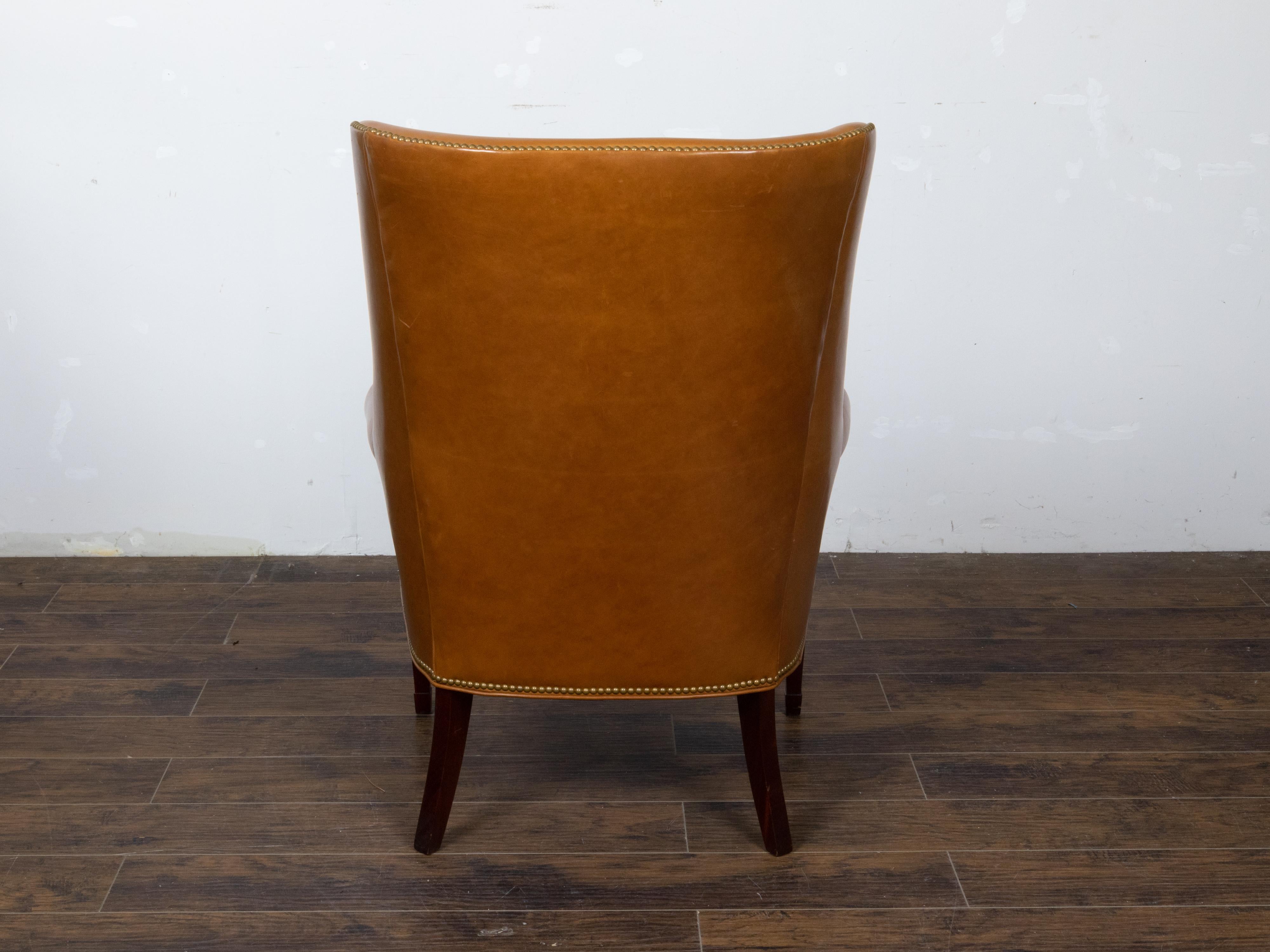 Englischer Brown Leather Wingback Chair mit Messingnägeln, ca. 1930-1940 im Angebot 1