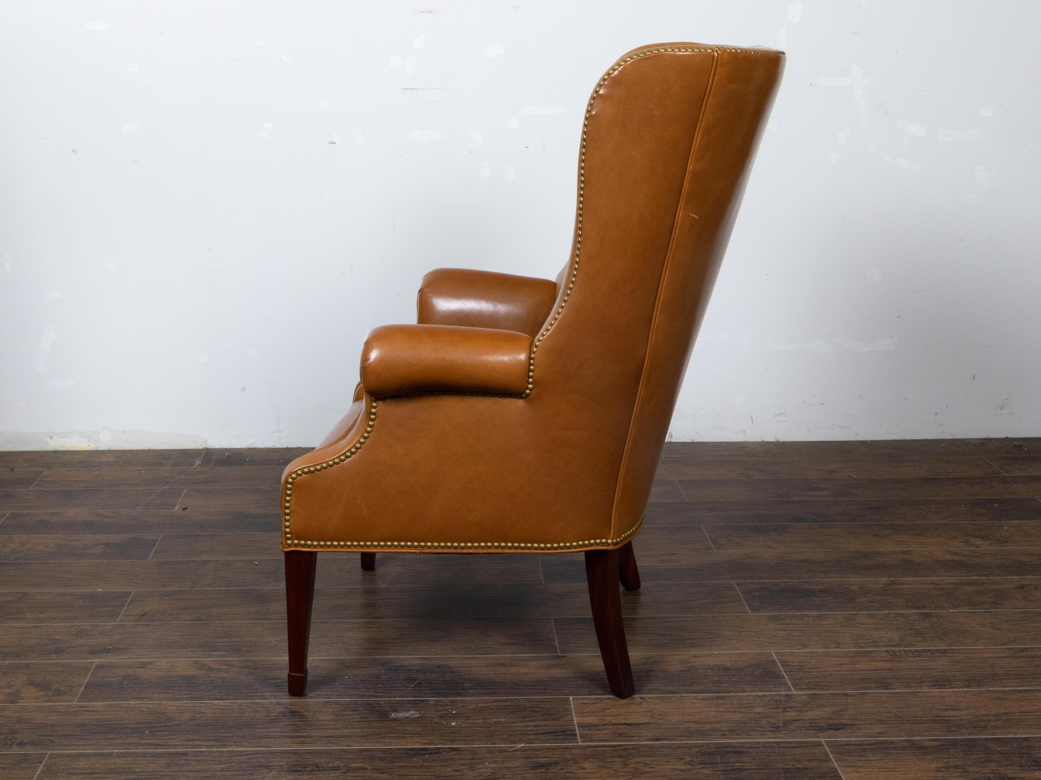 English Brown Leather Wingback Chair with Brass Nailhead Trim, circa 1930-1940 For Sale 2