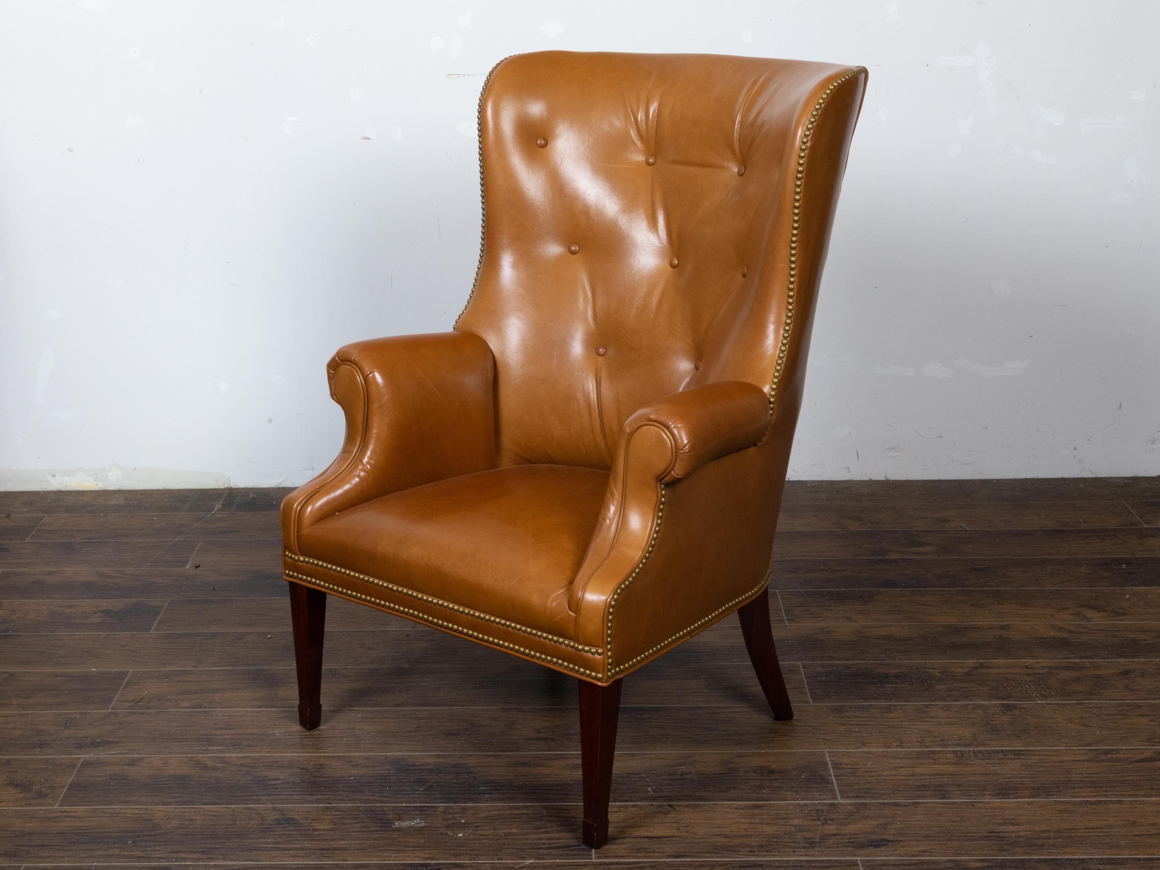 English Brown Leather Wingback Chair with Brass Nailhead Trim, circa 1930-1940 For Sale 3