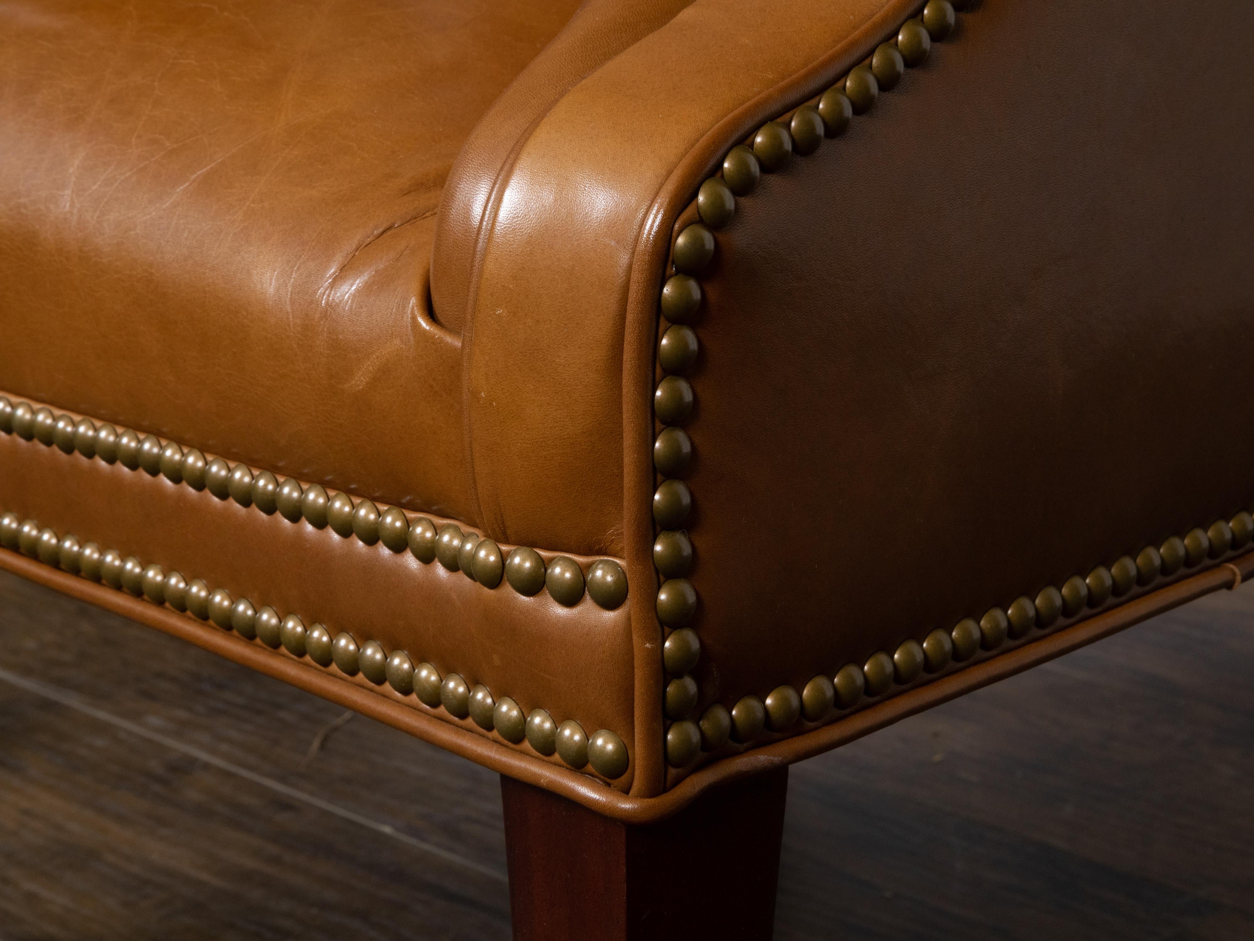 English Brown Leather Wingback Chair with Brass Nailhead Trim, circa 1930-1940 For Sale 4