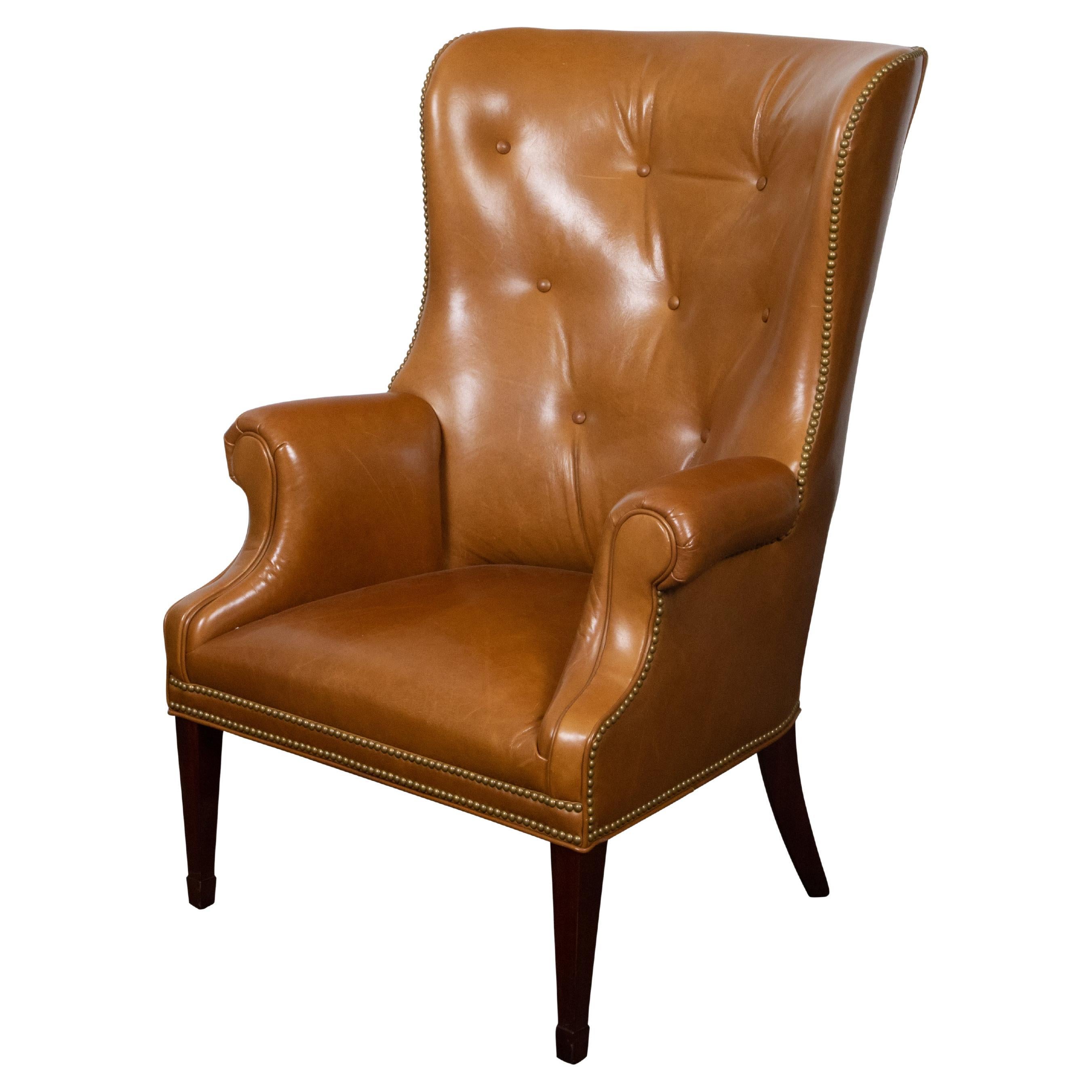 English Brown Leather Wingback Chair with Brass Nailhead Trim, circa 1930-1940 For Sale