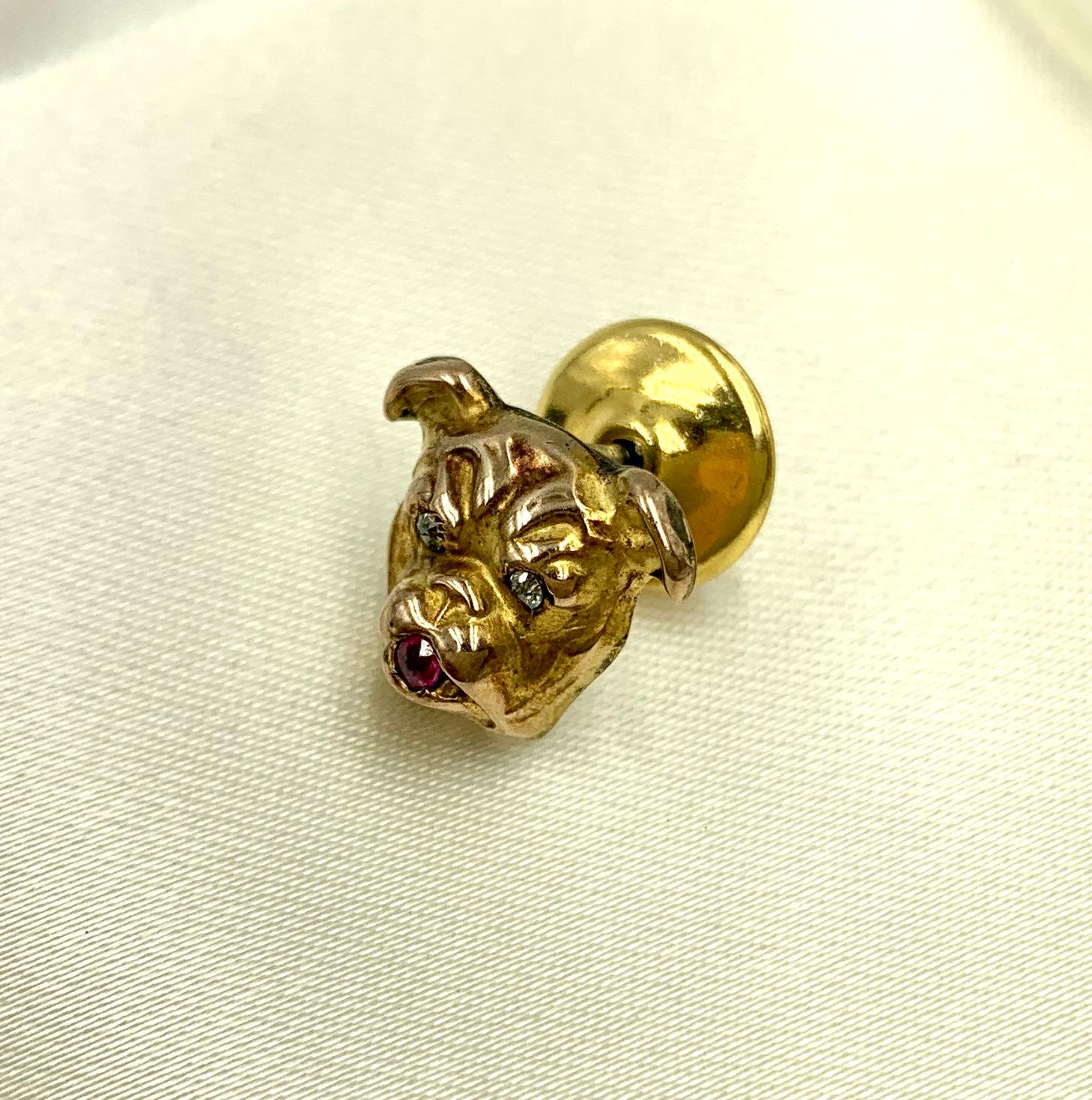 Excellent Antique Edwardian period English Bulldog Tie/Lapel pin, naturalistically modeled with diamond eyes and a ruby mouth. 
Wonderful quality 
Very Good Condition commensurate with age, nice patina to the gold
Likely converted from a stick pin