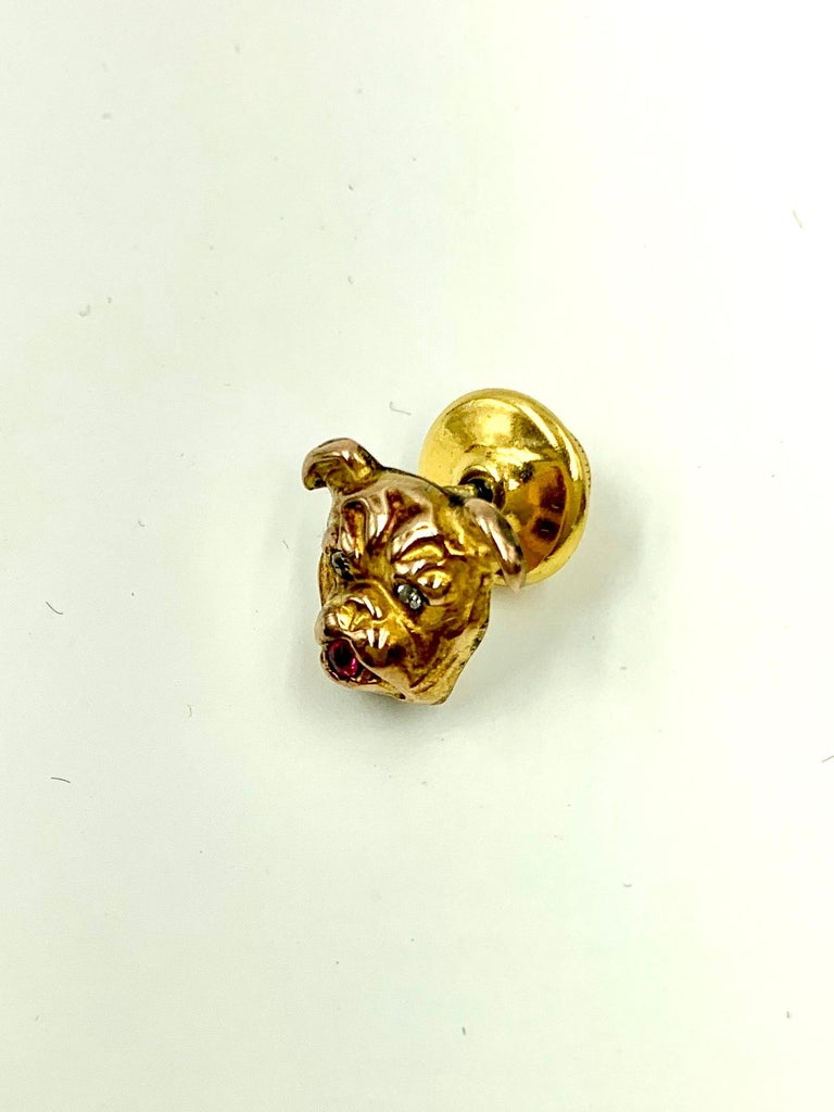 Charming Antique Edwardian English Bulldog Yellow Gold Diamond and Ruby