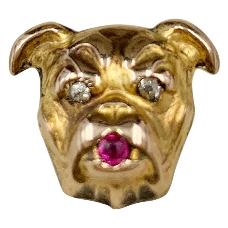 Charming Antique Edwardian English Bulldog Yellow Gold Diamond and Ruby