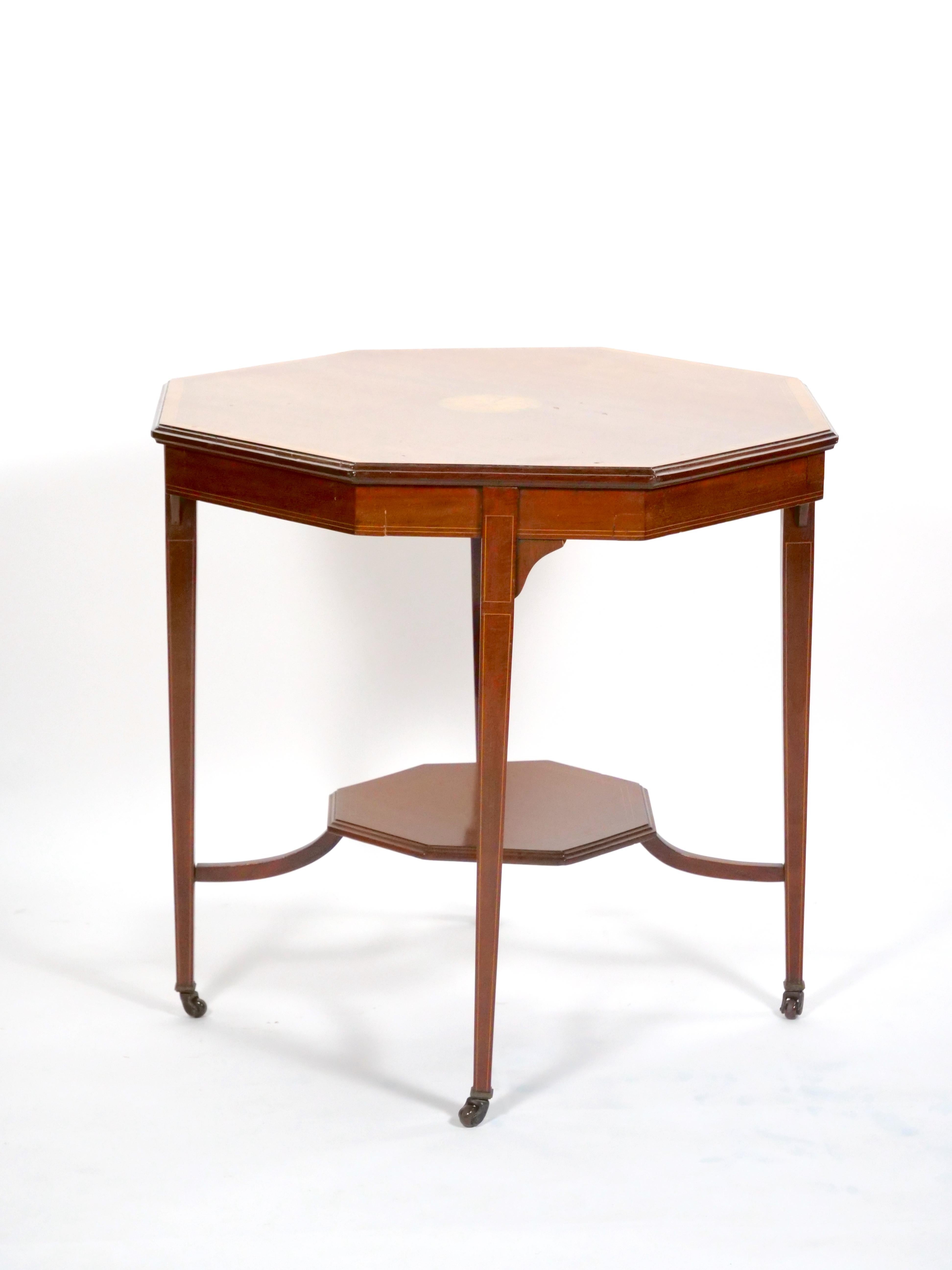 George III English Burl Mahogany Hexagonal Shape Inlay Decorated Top Center Table For Sale
