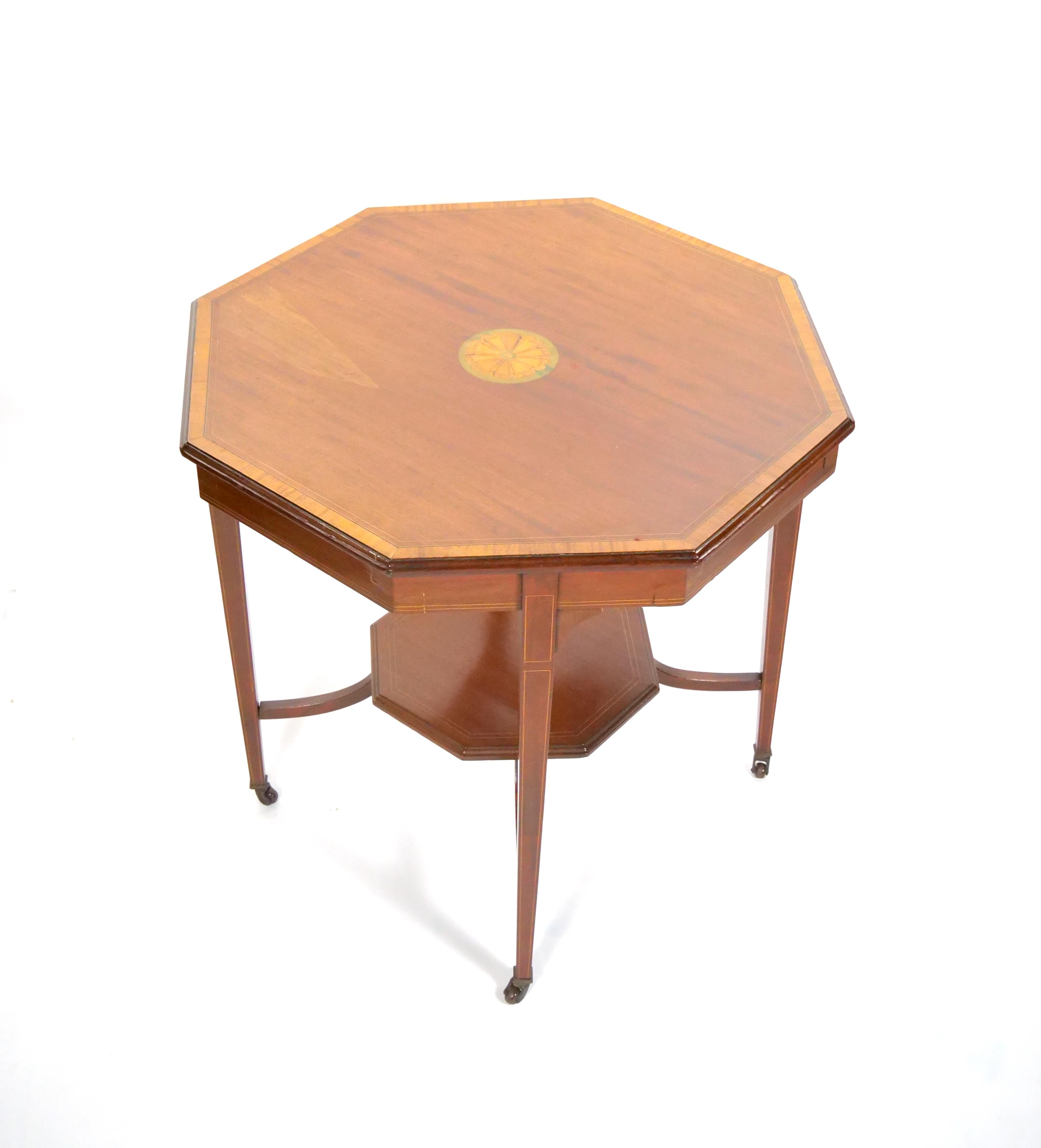 Hand-Carved English Burl Mahogany Hexagonal Shape Inlay Decorated Top Center Table For Sale