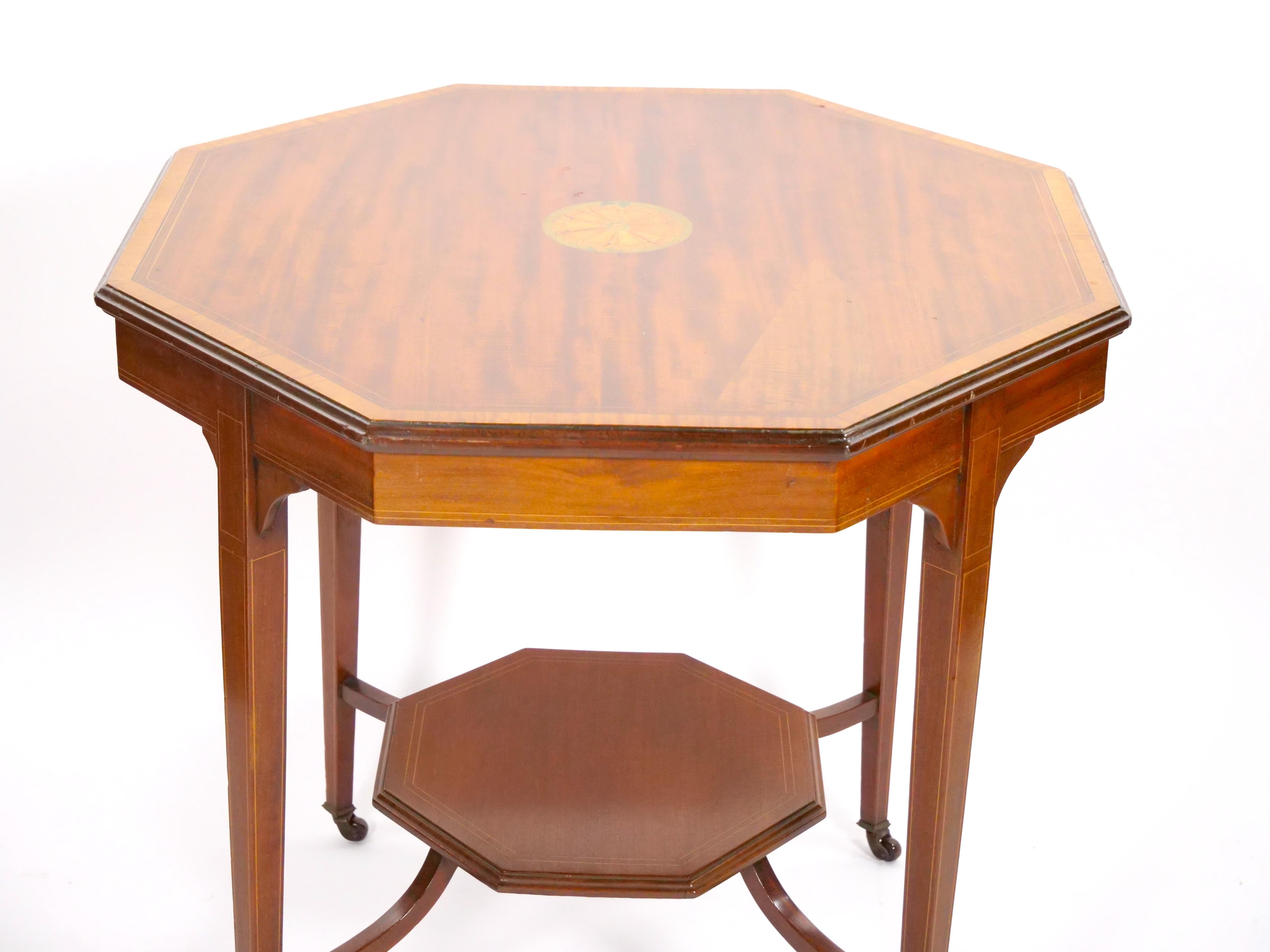 English Burl Mahogany Hexagonal Shape Inlay Decorated Top Center Table For Sale 2