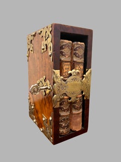 English Burl Walnut Brass Mounted Book Safe with 2 Tree Calf Leather Bindings