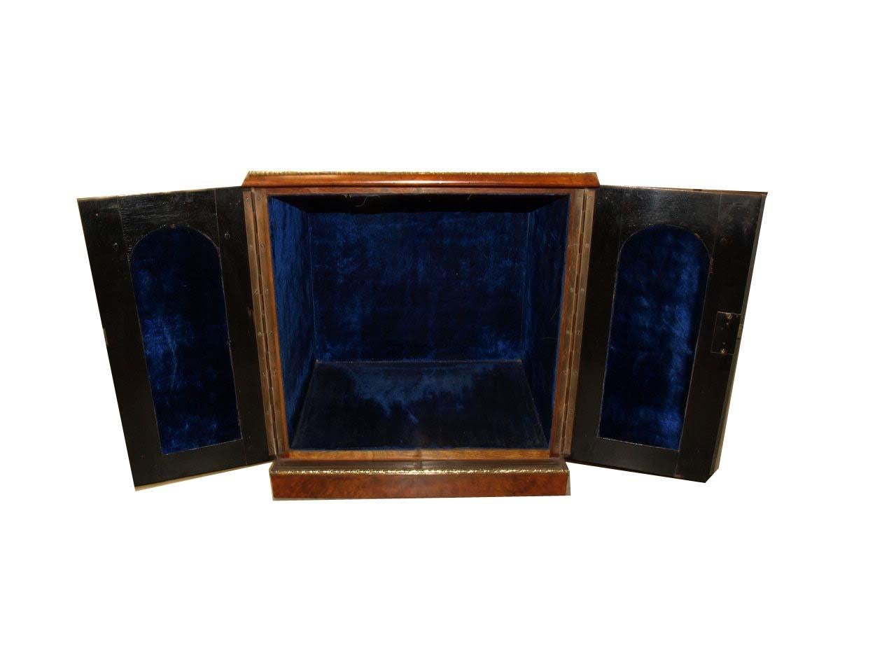 Brass English Burl Walnut Cabinet For Sale