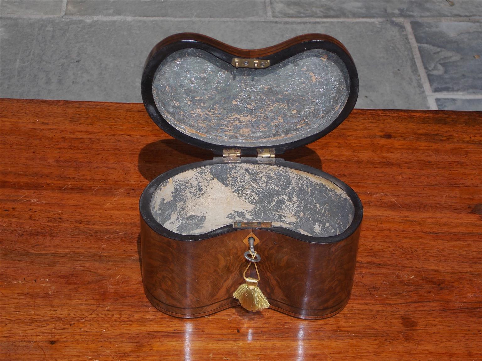 George III English Burl Walnut Ebony and Tulip Wood Inlaid Kidney Shaped Tea Caddy, C. 1810