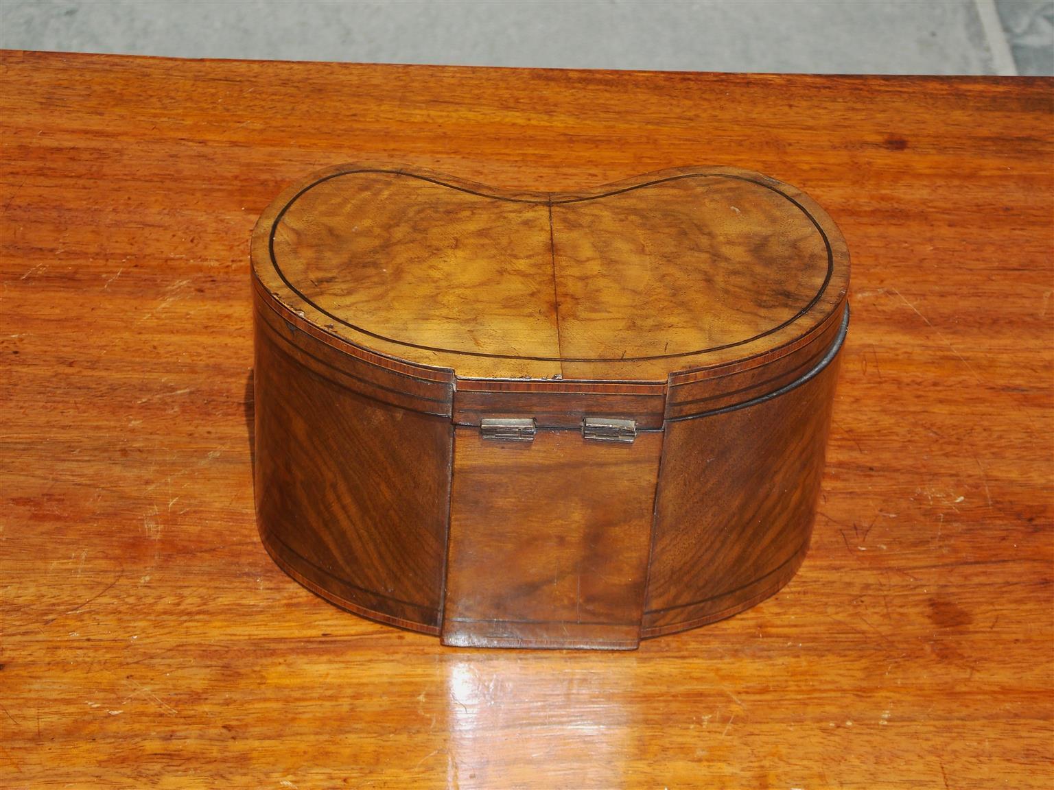 Early 19th Century English Burl Walnut Ebony and Tulip Wood Inlaid Kidney Shaped Tea Caddy, C. 1810