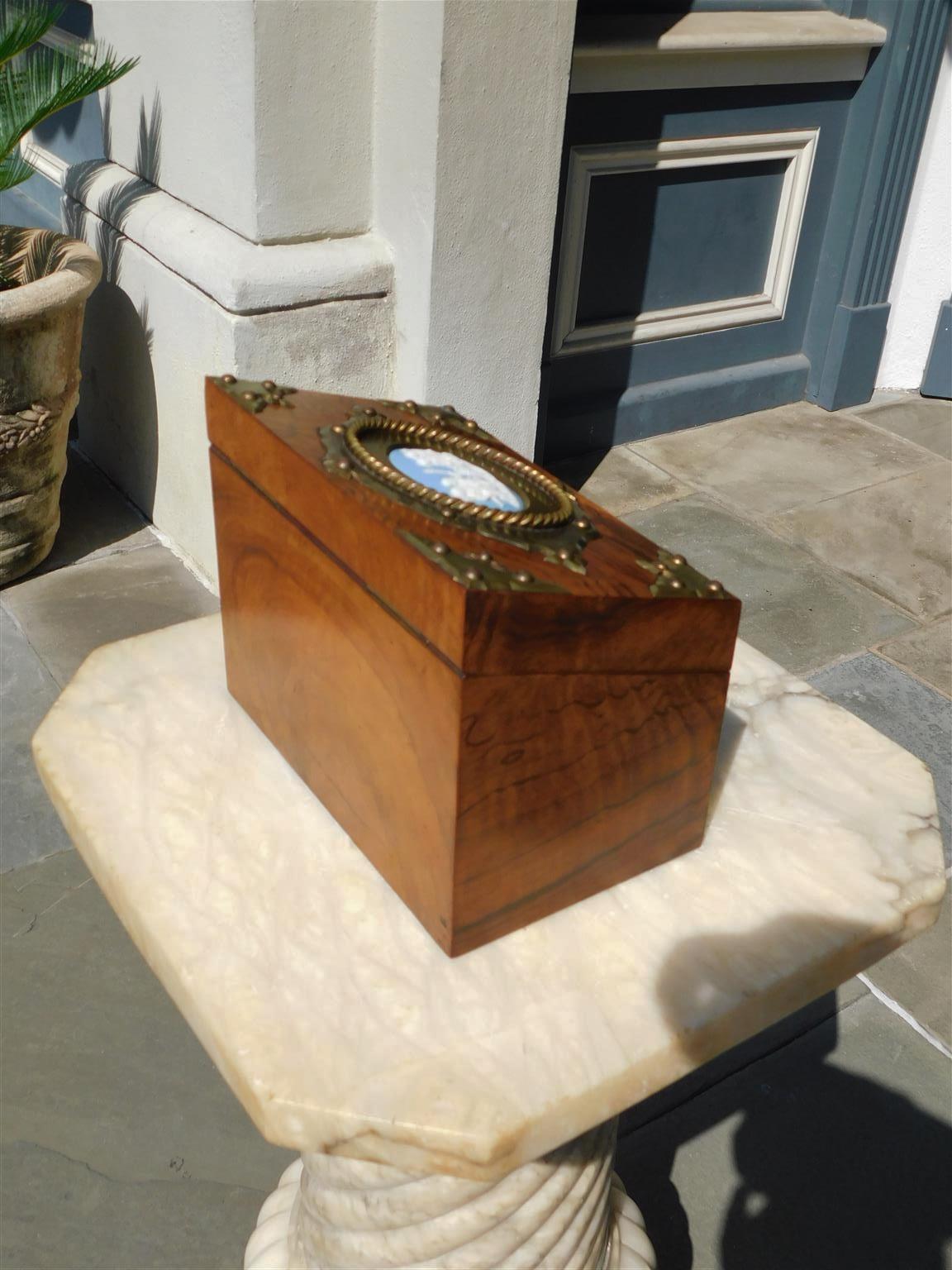 English Burl Walnut & Figural Cherub Wedgewood Letter Box with Mounts, C. 1850 For Sale 4
