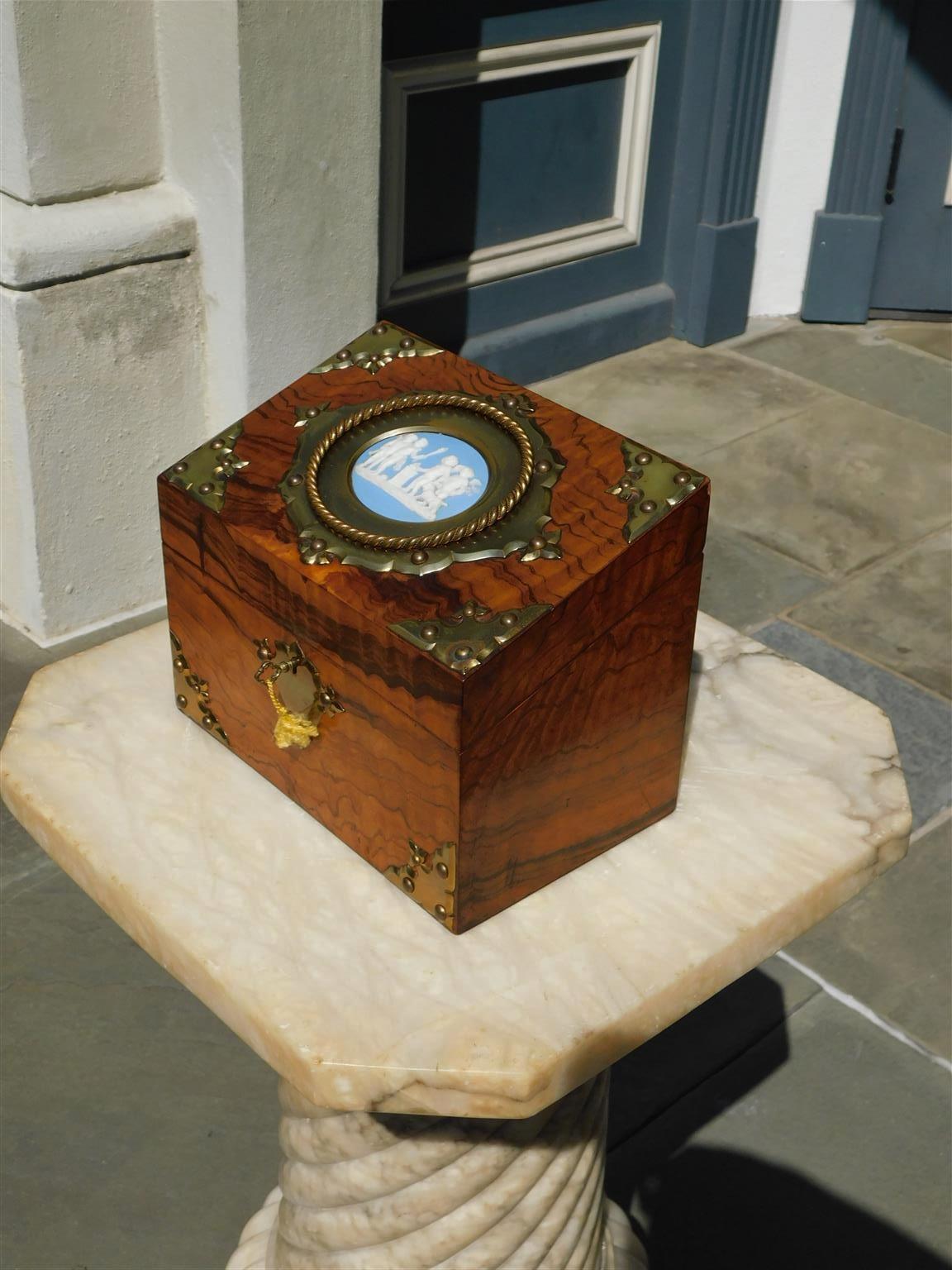 William IV English Burl Walnut & Figural Cherub Wedgewood Letter Box with Mounts, C. 1850 For Sale