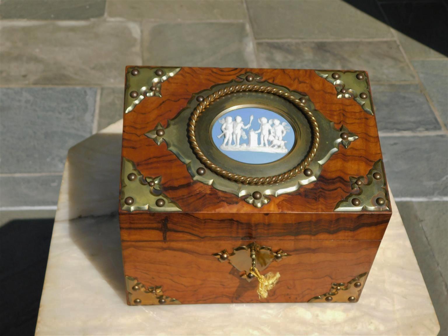 Hand-Carved English Burl Walnut & Figural Cherub Wedgewood Letter Box with Mounts, C. 1850 For Sale