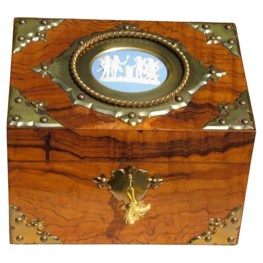 English Burl Walnut & Figural Cherub Wedgewood Letter Box with Mounts, C. 1850 For Sale