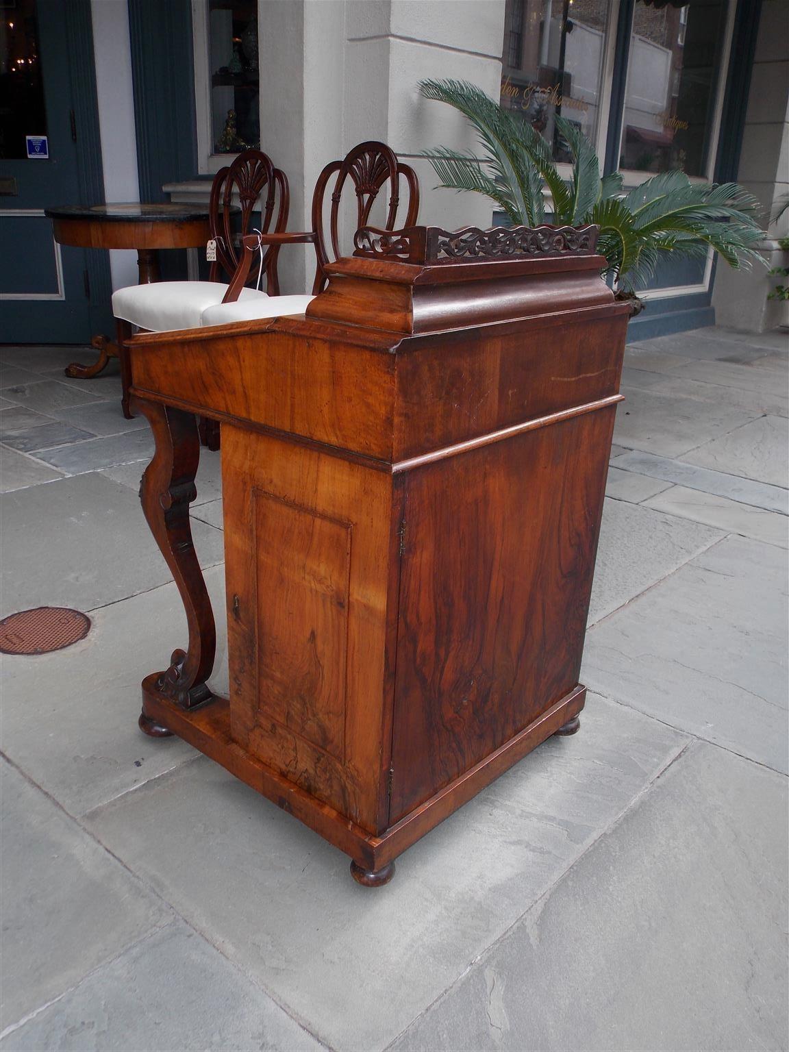 English Burl Walnut Leather Top Davenport with Acanthus Cabriole Legs Circa 1840 For Sale 3