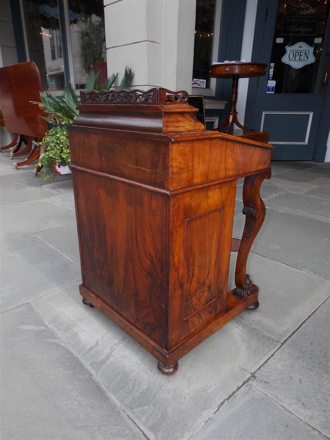 English Burl Walnut Leather Top Davenport with Acanthus Cabriole Legs Circa 1840 For Sale 4
