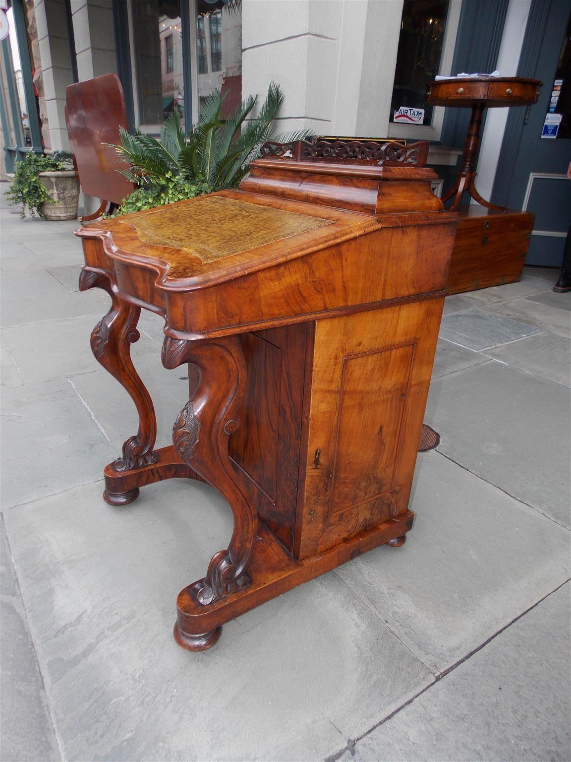 William IV English Burl Walnut Leather Top Davenport with Acanthus Cabriole Legs Circa 1840 For Sale