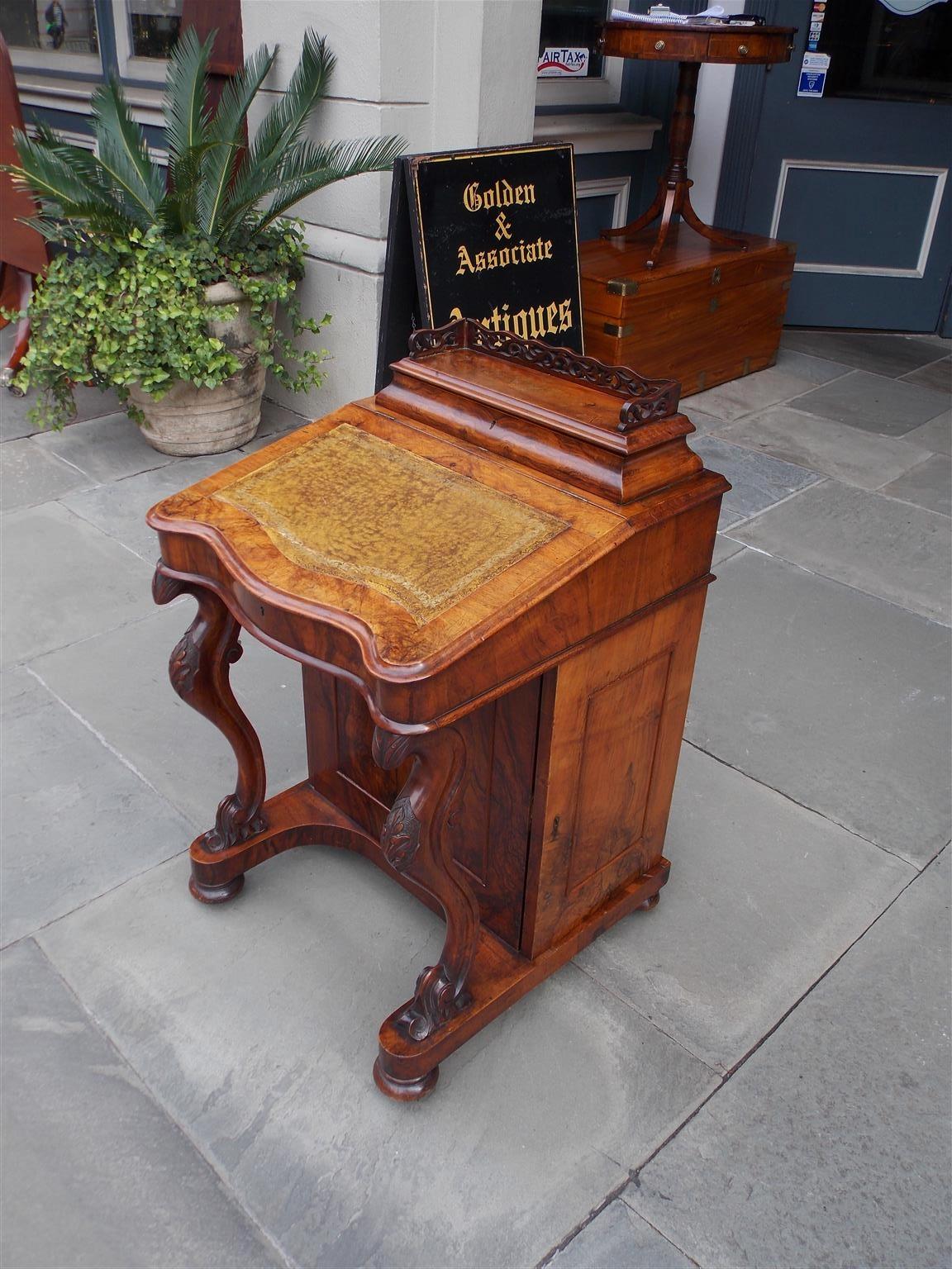 Hand-Carved English Burl Walnut Leather Top Davenport with Acanthus Cabriole Legs Circa 1840 For Sale