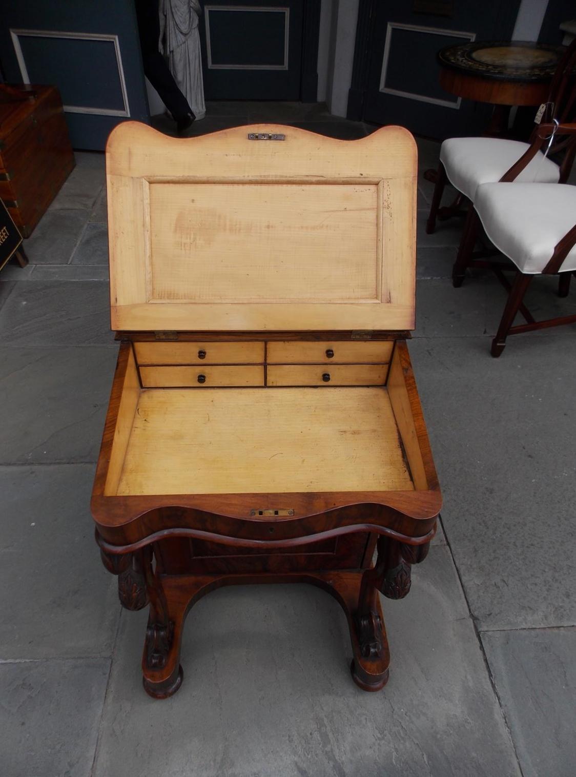 Mid-19th Century English Burl Walnut Leather Top Davenport with Acanthus Cabriole Legs Circa 1840 For Sale