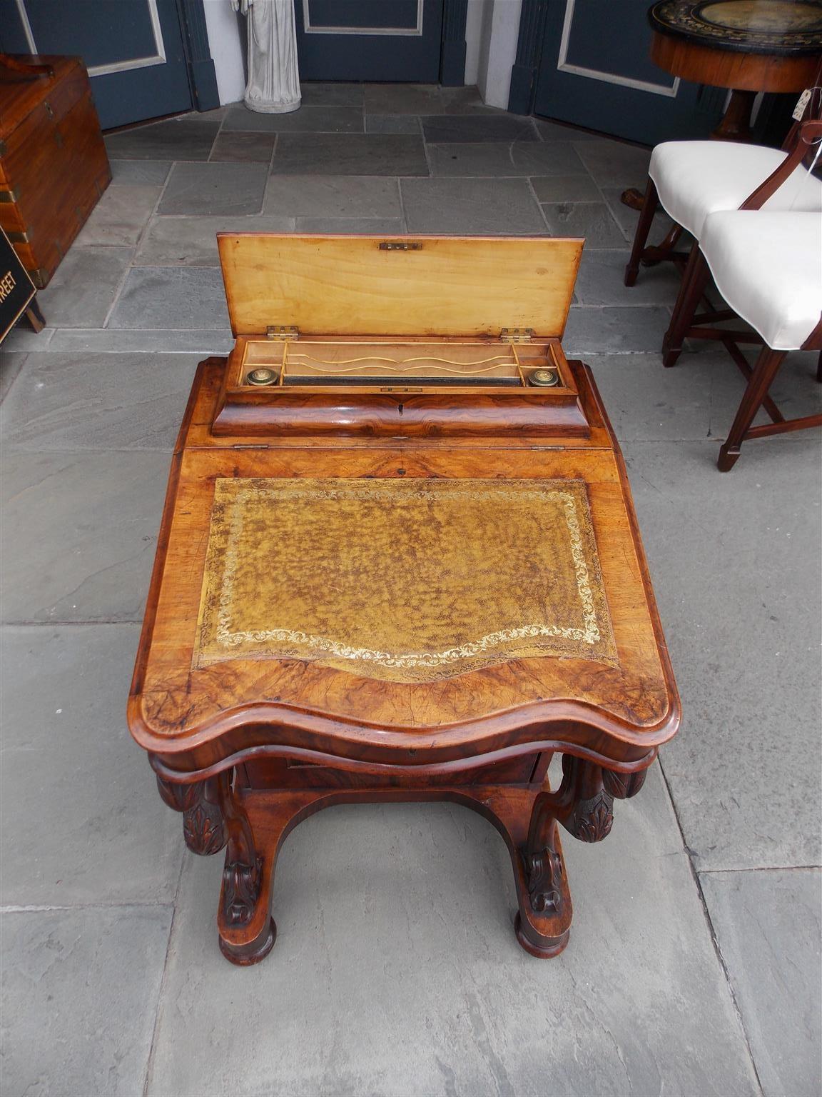 Brass English Burl Walnut Leather Top Davenport with Acanthus Cabriole Legs Circa 1840 For Sale