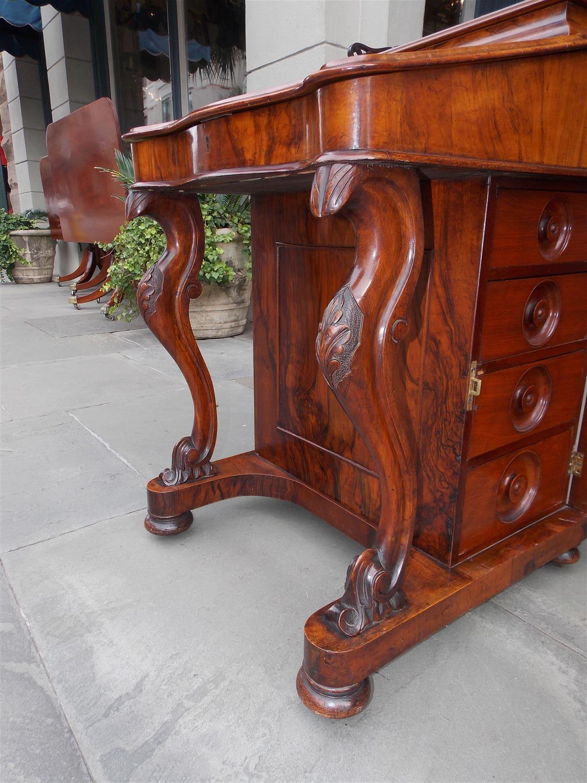 English Burl Walnut Leather Top Davenport with Acanthus Cabriole Legs Circa 1840 For Sale 2