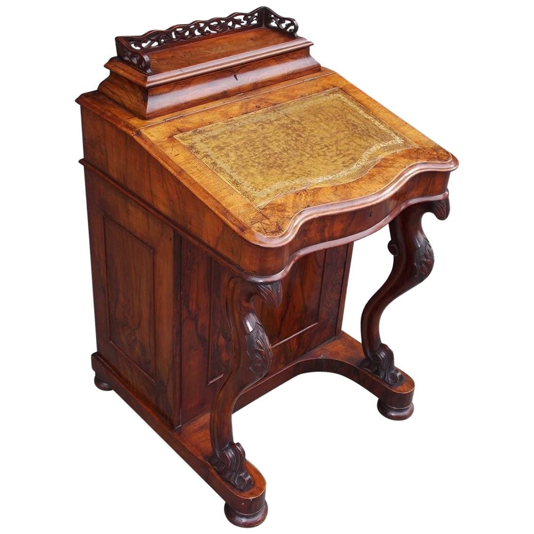 English Burl Walnut Leather Top Davenport with Acanthus Cabriole Legs Circa 1840