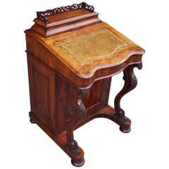 Antique English Burl Walnut Leather Top Davenport with Acanthus Cabriole Legs Circa 1840