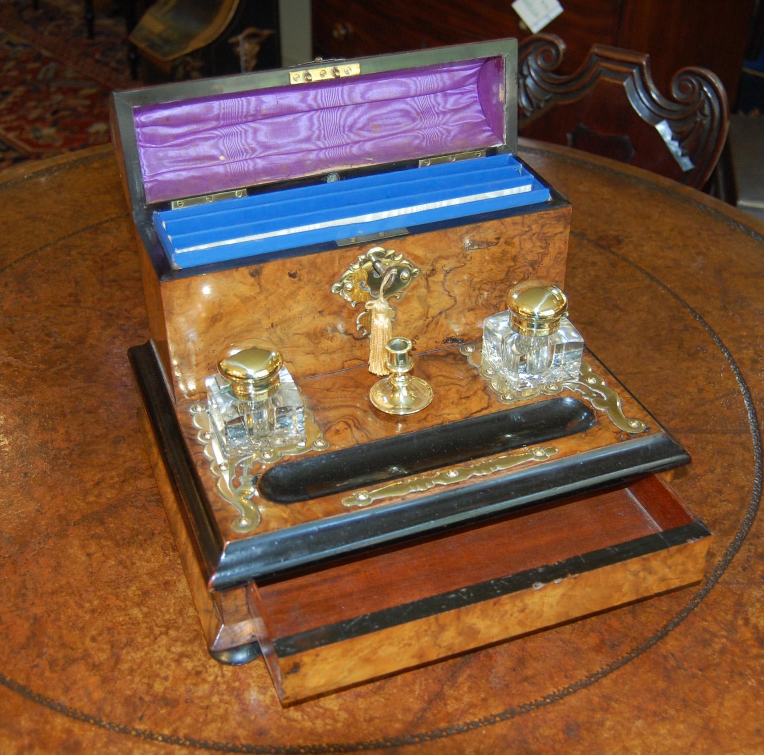 Brass English Burl Walnut Mid-19th Century Desk Box with Inks, Drawer, Stationery Box
