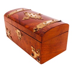 English Burl Walnut Tea Caddy With Decorative Brass Mounts