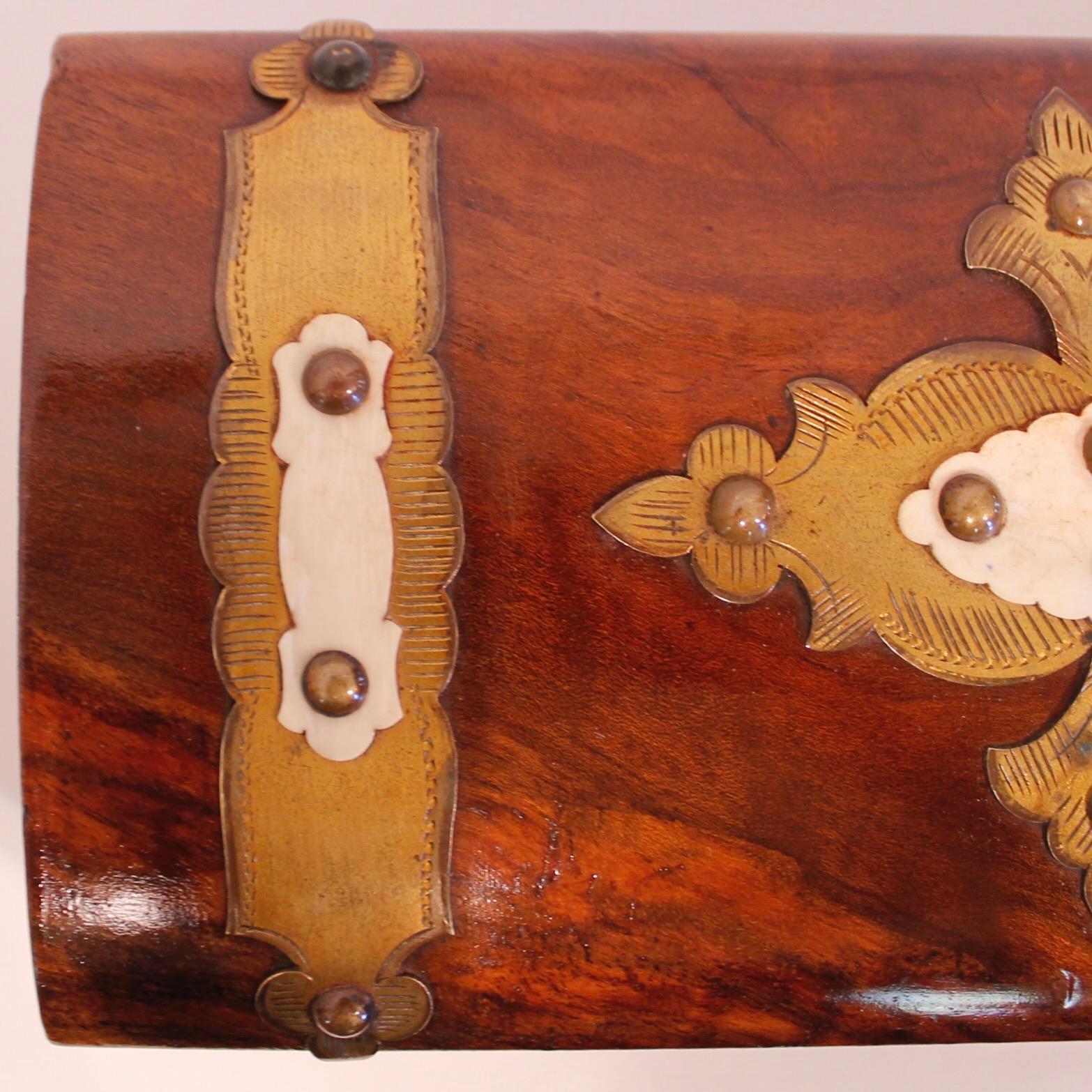 Embossed English Burl Walnut Tea Caddy With Decorative Brass Mounts For Sale