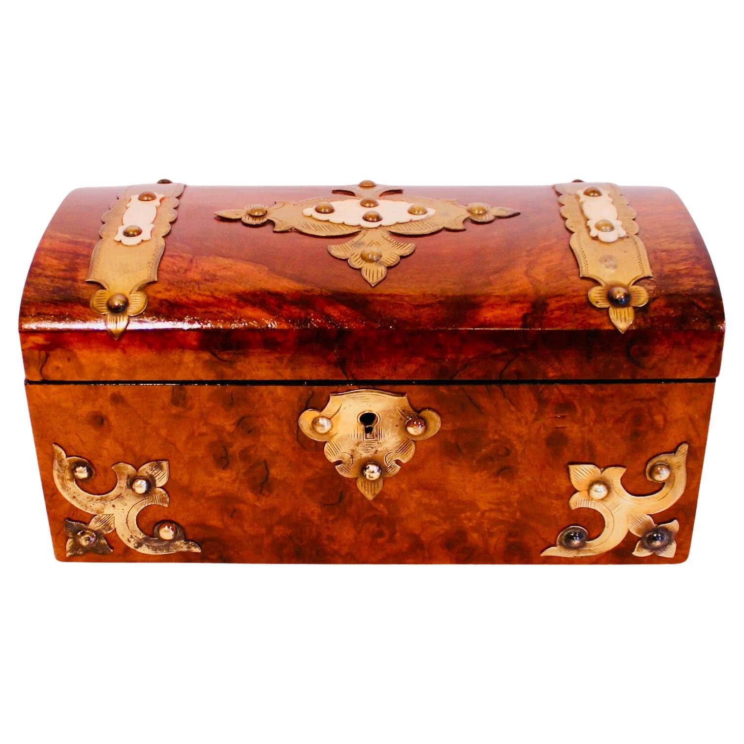 English Burl Walnut Tea Caddy With Decorative Brass Mounts For Sale