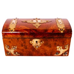 English Burl Walnut Tea Caddy With Decorative Brass Mounts